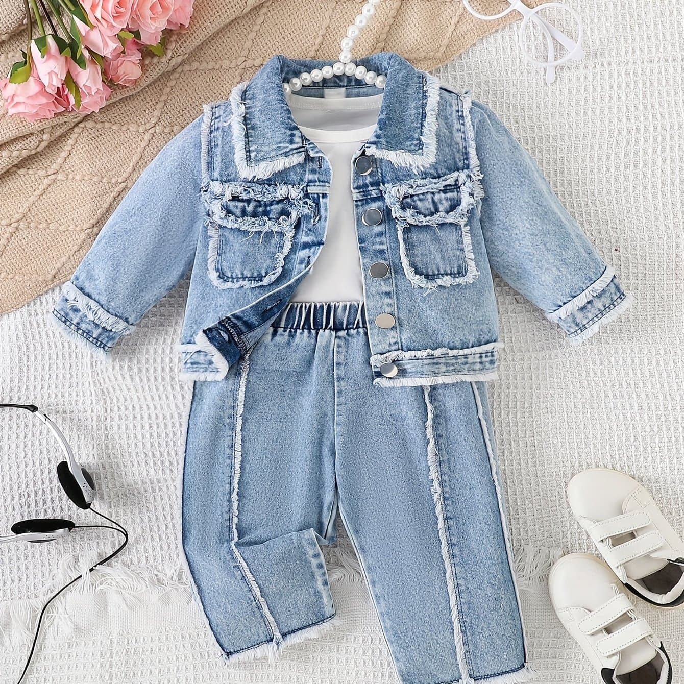 TEMU 2pcs Vintage Denim Long-sleeved Jacket And Pants Set For Baby Girls, Suitable For Spring And Autumn, Perfect For Outdoor