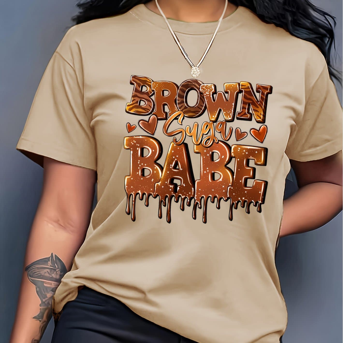 TEMU Creative Flowing Sand Letter Heart Round Neck Short Sleeve T-shirt