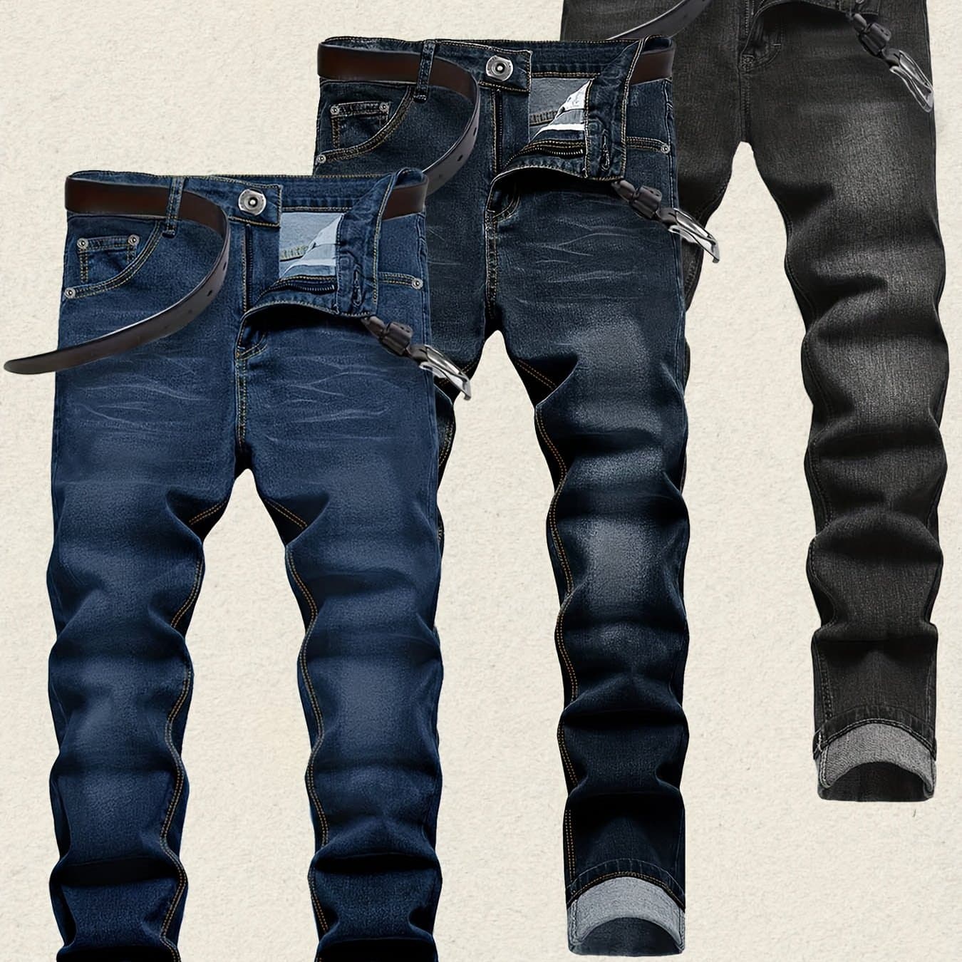 TEMU 3-pack Men's Jeans Designer Washed Denim Pants Stretch Straight-leg Long Pants Black Blue Casual Fit Men's Jeans For Men Fashionable