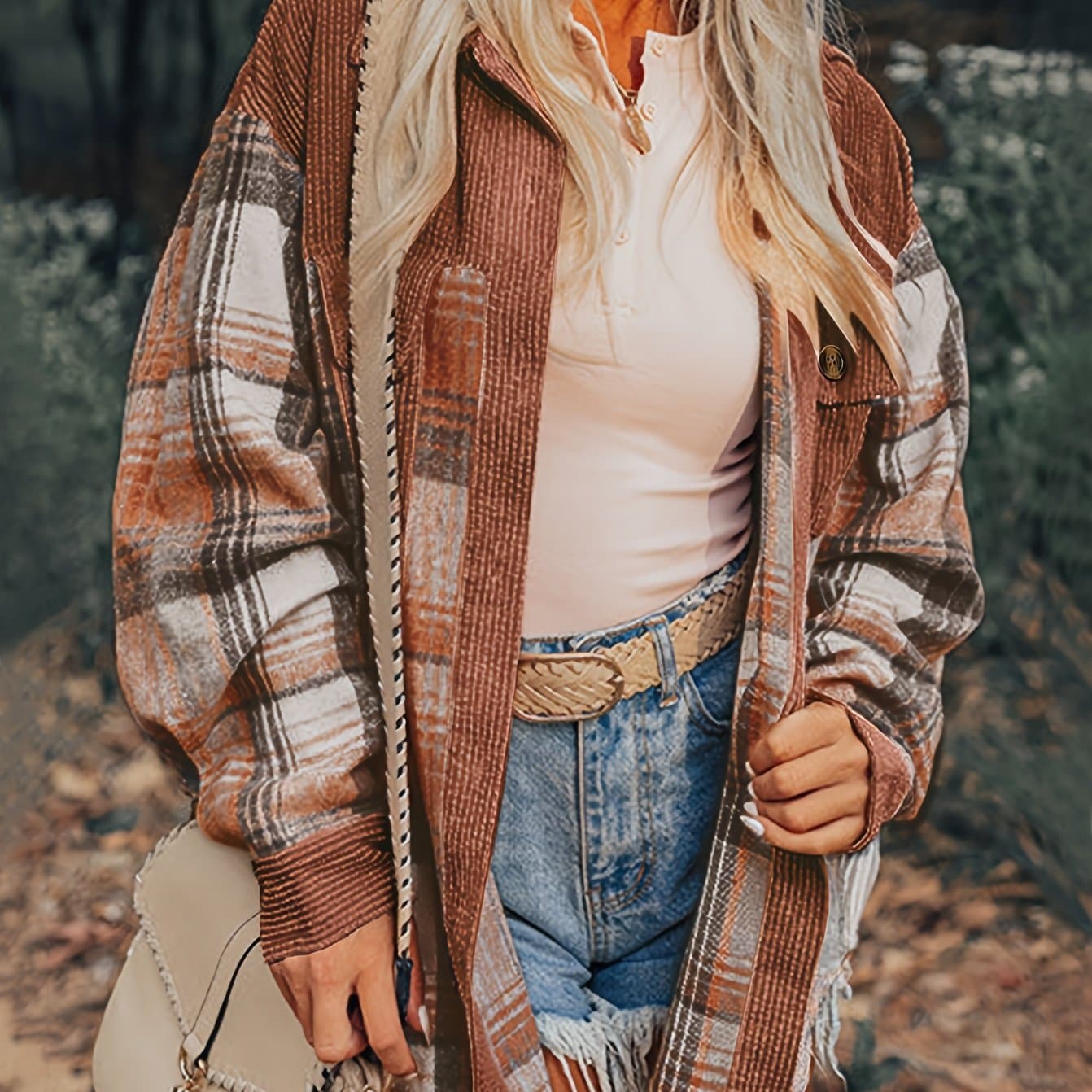 TEMU Plaid Print Drop Shoulder Jacket, Casual Lapel Neck Long Sleeve Button Front Jacket For Fall & Spring, Women's Clothing