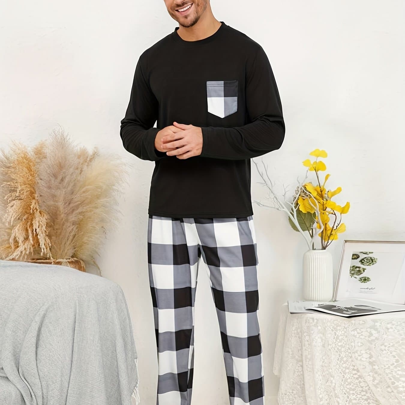TEMU Men's Casual Black Long-sleeve Shirt With Pockets And Plaid Pants Pullover Pajama Set, Soft And Comfortable, Trendy And Fashionable, Suitable For Or As
