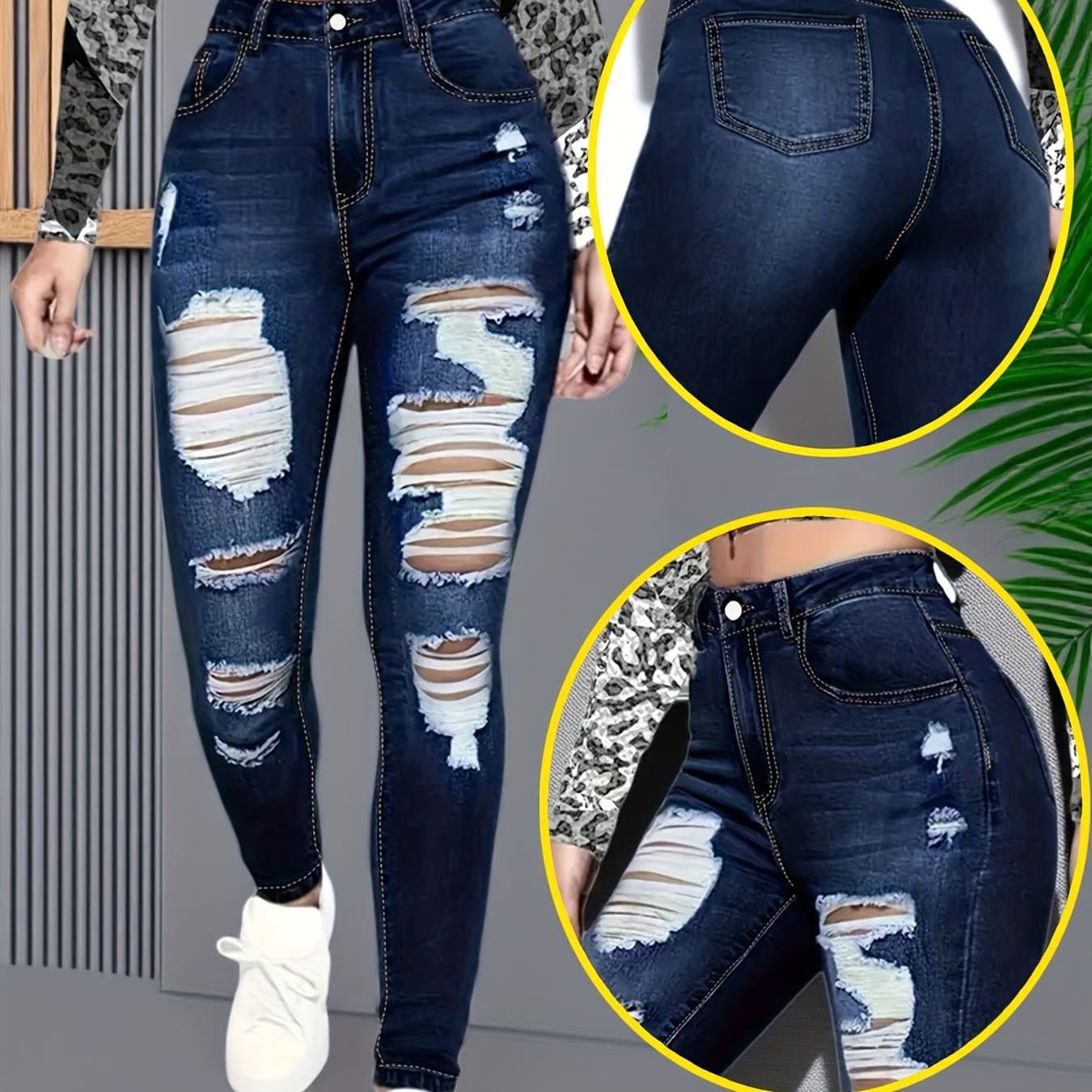 TEMU Ladies Distressed Skinny Jeans, Dark Blue Stretch Denim, Ripped Frayed, Casual Streetwear Night