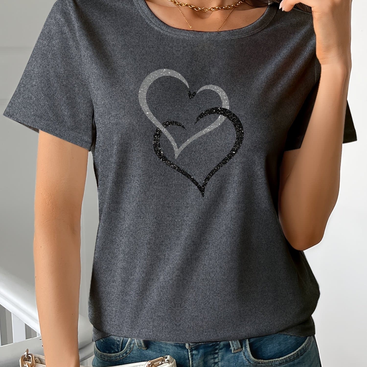 TEMU Love Ring, Printed T-shirt, Short-sleeved Round Neck Casual Shirt, Soft Fabric, Colors , Women's Wear