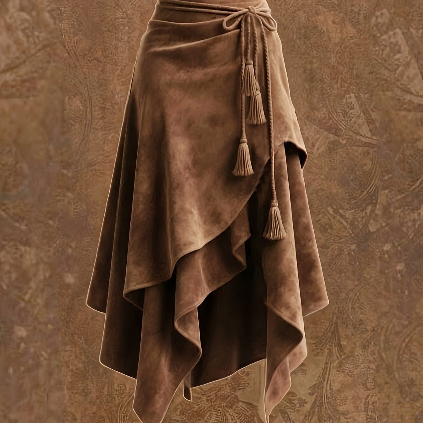 TEMU Vintage Western Style Irregular Midi Skirt With Tie-waist And Tassel Decoration--