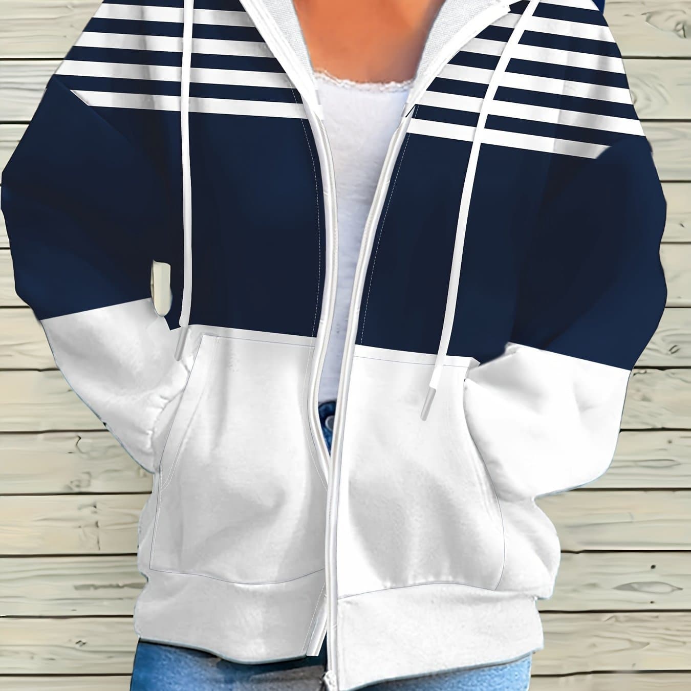 TEMU Plus Size - Plus Size - Plus Size Casual Sweatshirt, Women's Plus Size Striped Color Block Printed Zip-up Drawstring Hooded Top
