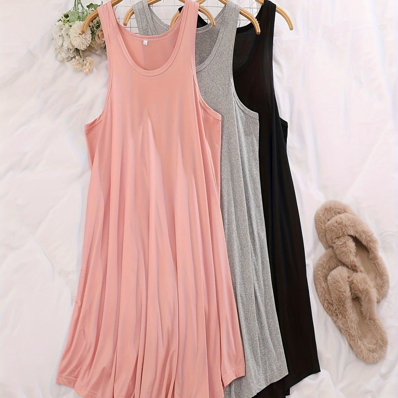 TEMU Women' Color Tie-dye Printed Casual Nightgown Set Of 3, Casual Round Neck Nightdress, Comfortable And Soft, Suitable For Spring And Summer