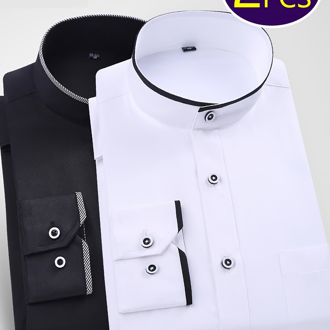 TEMU 2-pc Men's Collar Long Sleeve Shirts - Solid Color Wrinkle- Casual Tops, Non-iron Polyester Office Wear (white/black)