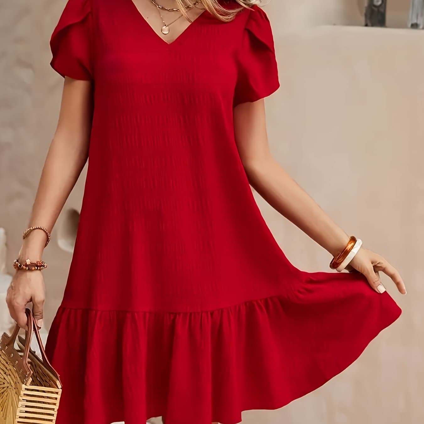 TEMU Hem V-neck Solid Loose Vacation Dress, Casual Short Sleeve Dress For Spring Summer, Women's Clothing