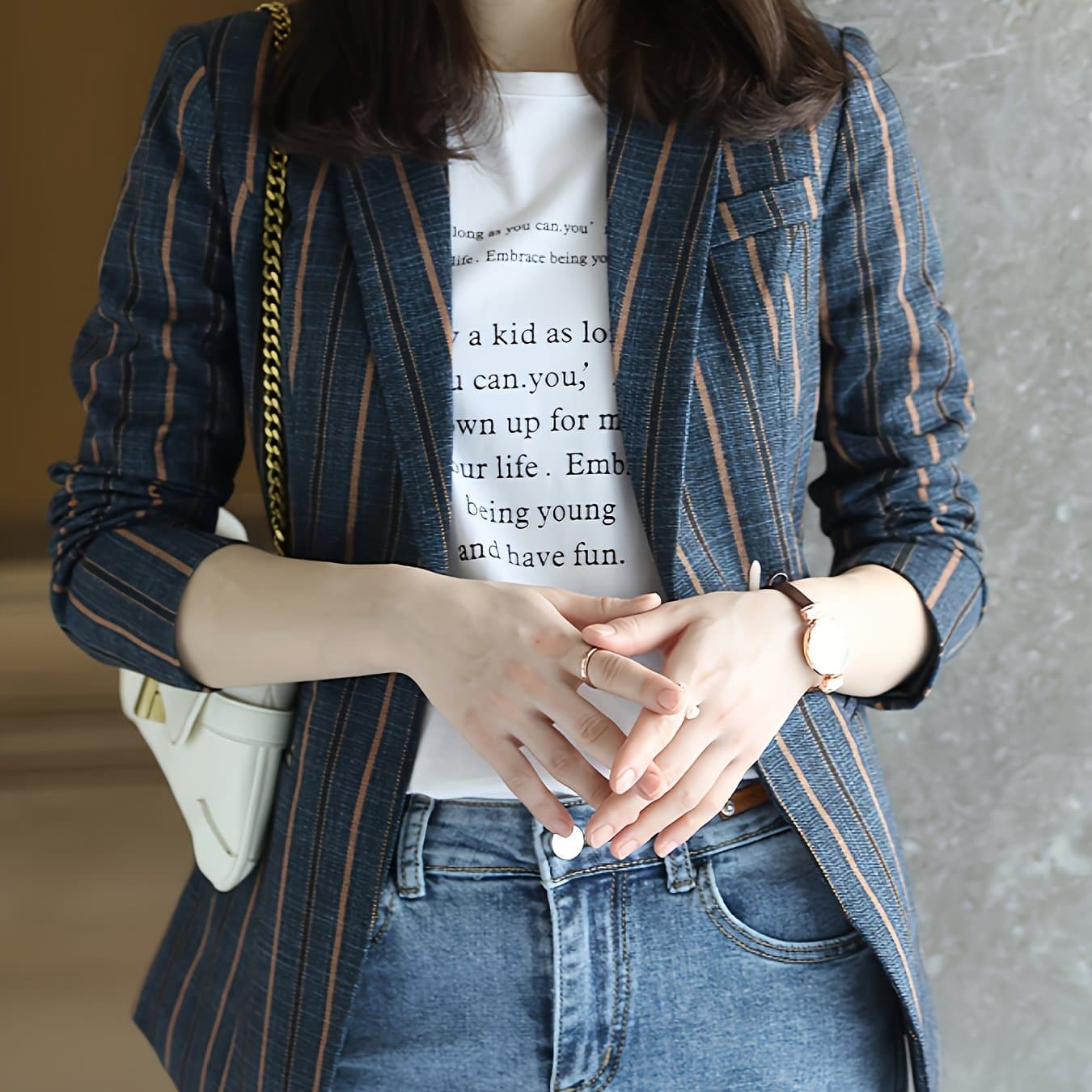 TEMU Elegant 2024 Blue Striped Suit Jacket, And High-end Small Suit For Women, New Suit With Striped Contrasting Color