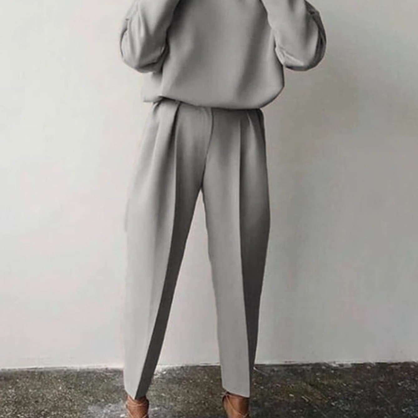 TEMU Autumn And Winter Simple 2pcs Women' Color Long Sleeved Round Neck Casual Top Straight Leg Pants Set