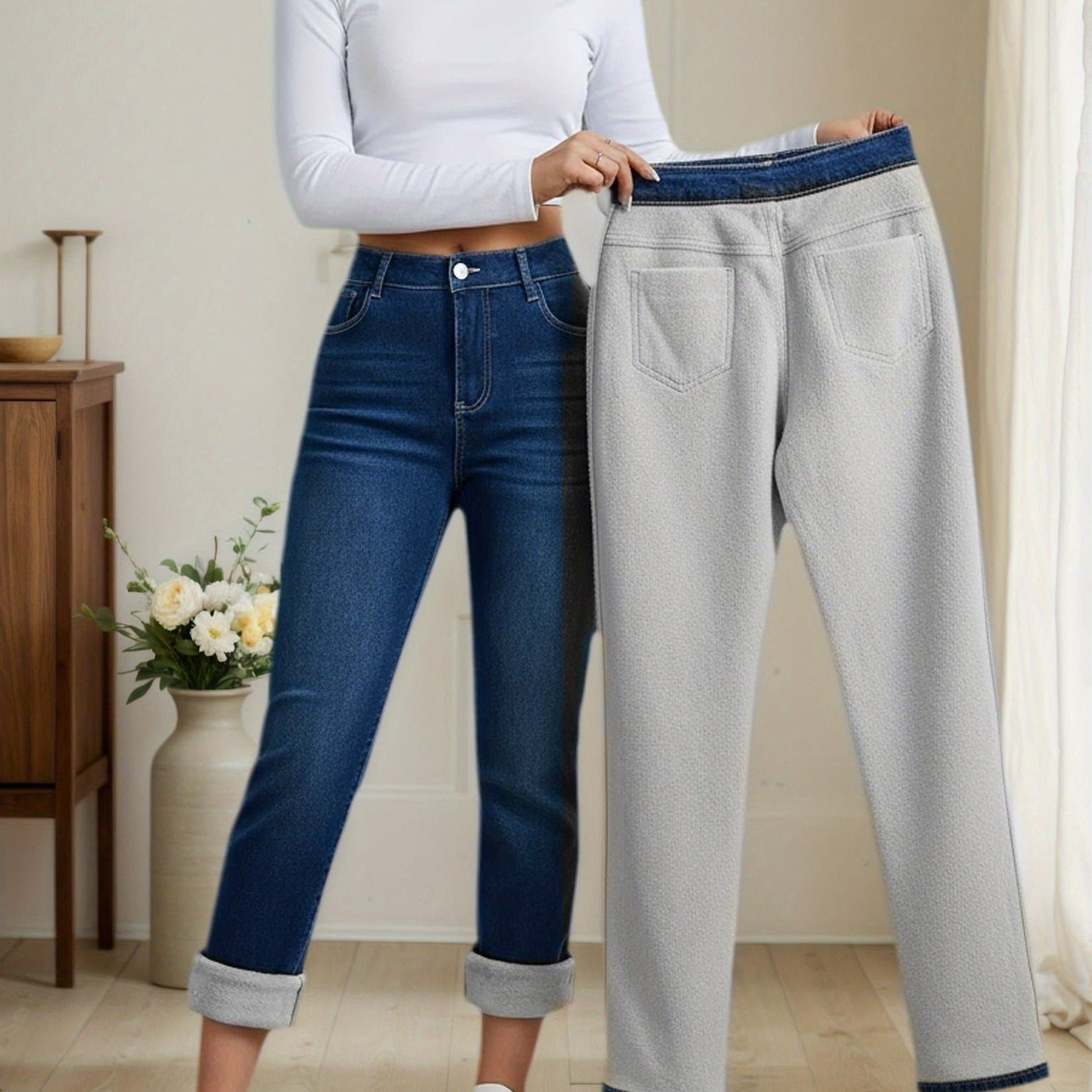 TEMU 1pc Women's Thermal High-waisted Straight-leg Jeans With Added Lining, Thick And Warm, Washed Fabric Retro Durable, Windproof Warm, Jeans In Autumn And Winter