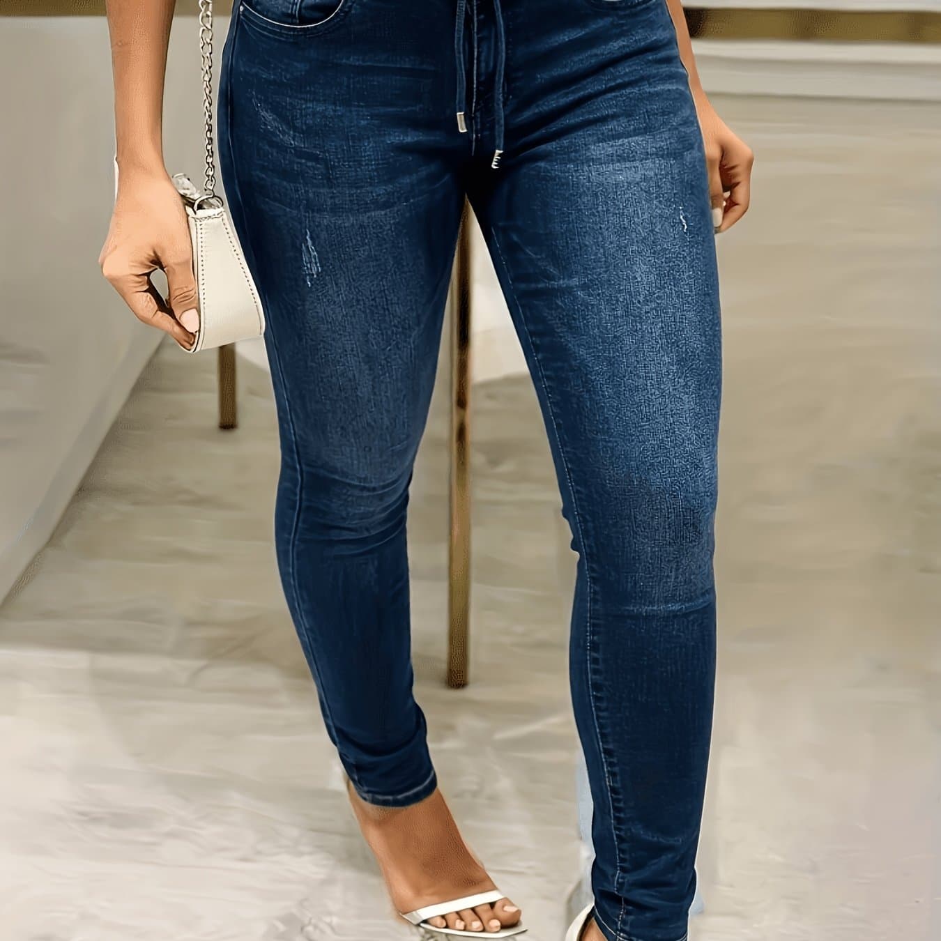 TEMU [hme] Women's Casual Jeans, With On The Back Pocket, Washed , High-waisted Stretch Slim Skinny Pants, Fashionable And Easy, Suitable For , Essential For Daily Casual Wear