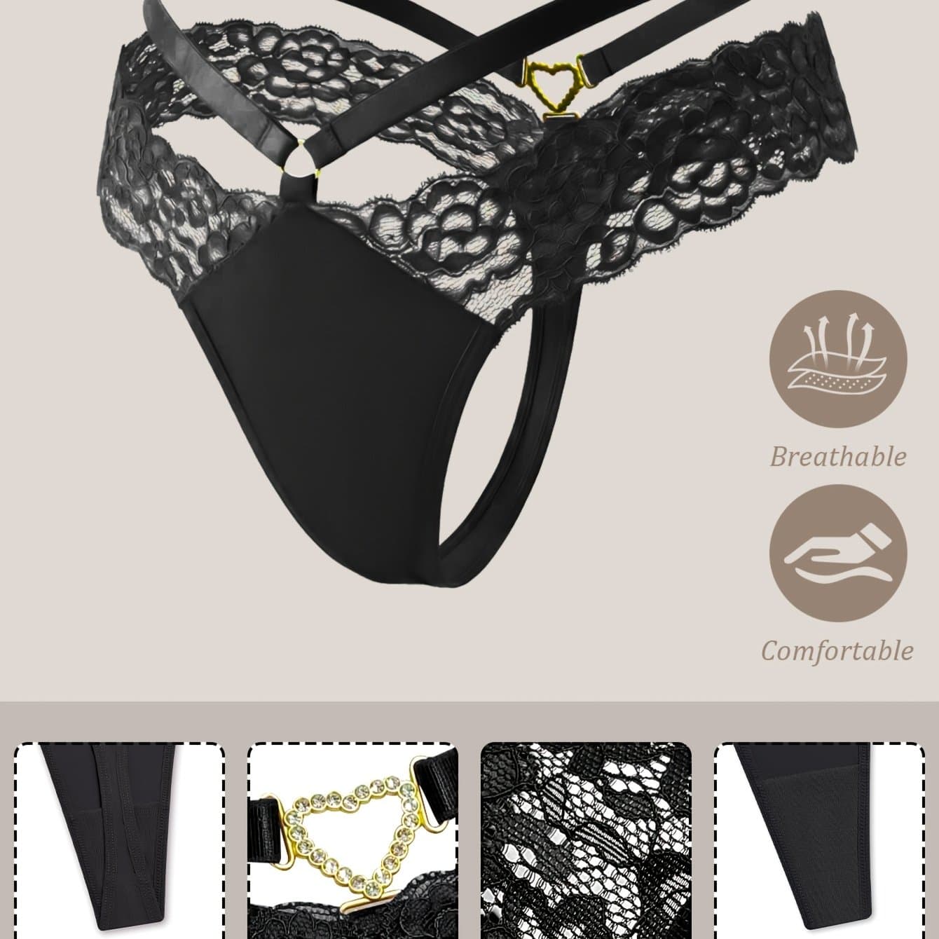 TEMU 1pc Women Solid Color Sexy Contrast Floral Lace Cross Back Metal-heart Comfy V-string Thong Underwear