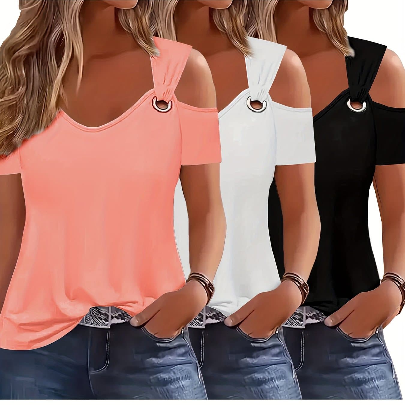 TEMU 3pcs Set Of Summer Off-shoulder Short Sleeve T-shirts, Casual Loose Eyelet V-neck Solid Basic Off-shoulder Short Sleeve T-shirts