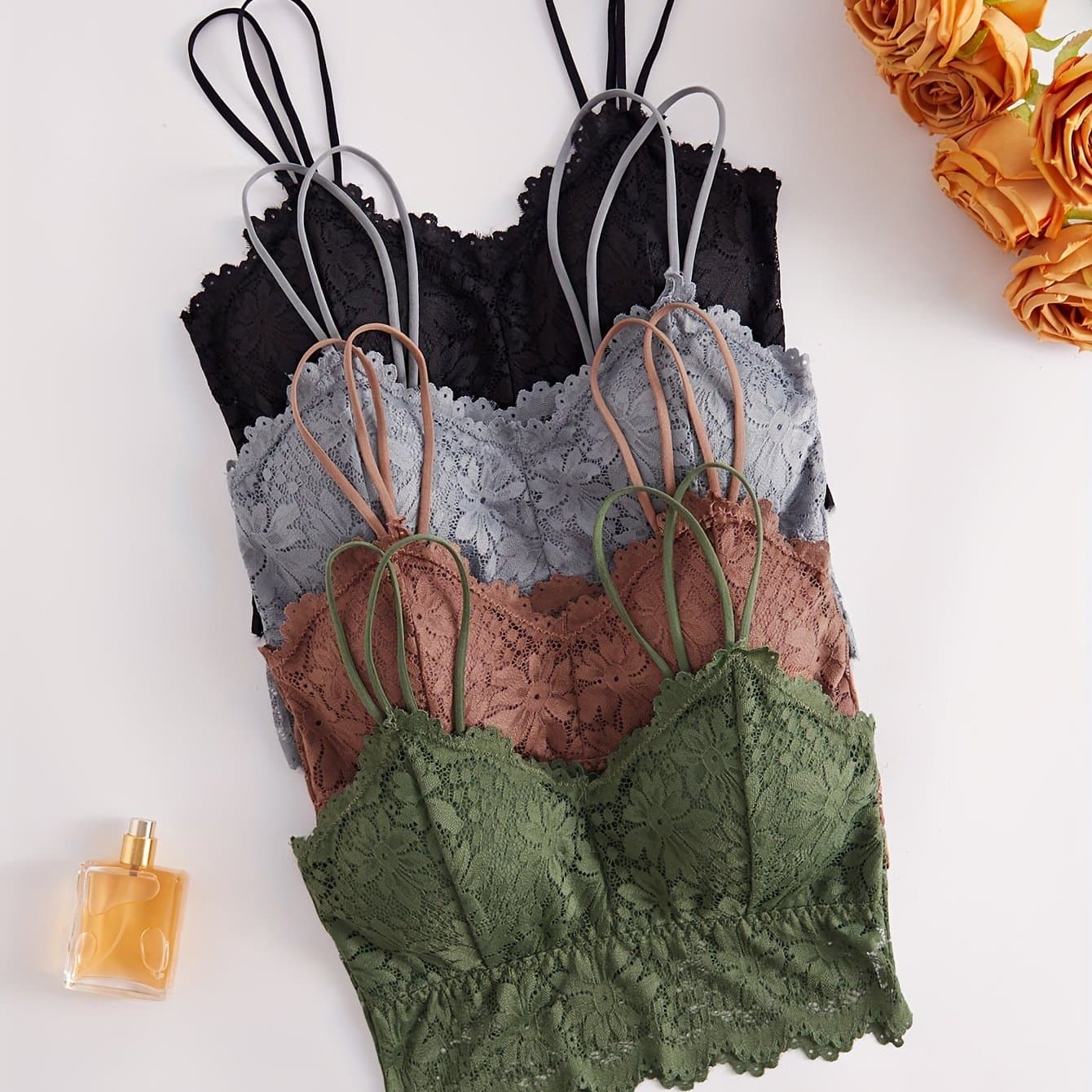TEMU Backless Wireless Sunflower Camisole Sexy Lace Lingerie Women's Black Khaki Gray Green 4pcs Set