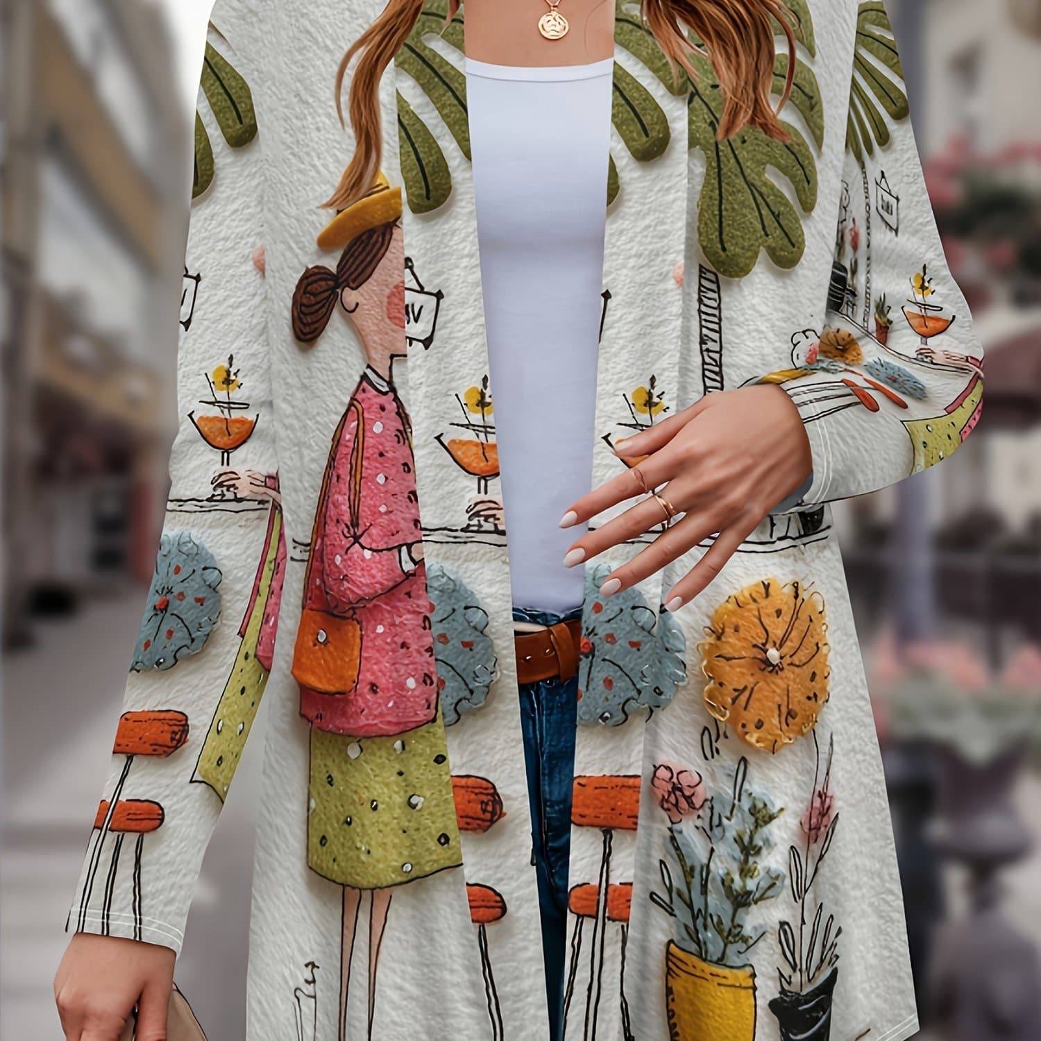 TEMU [printed Design - Not Textured] Comfortable Trendy Spring/autumn Casual Elegant Style Wool Element Printed Pattern Code Women's Coat