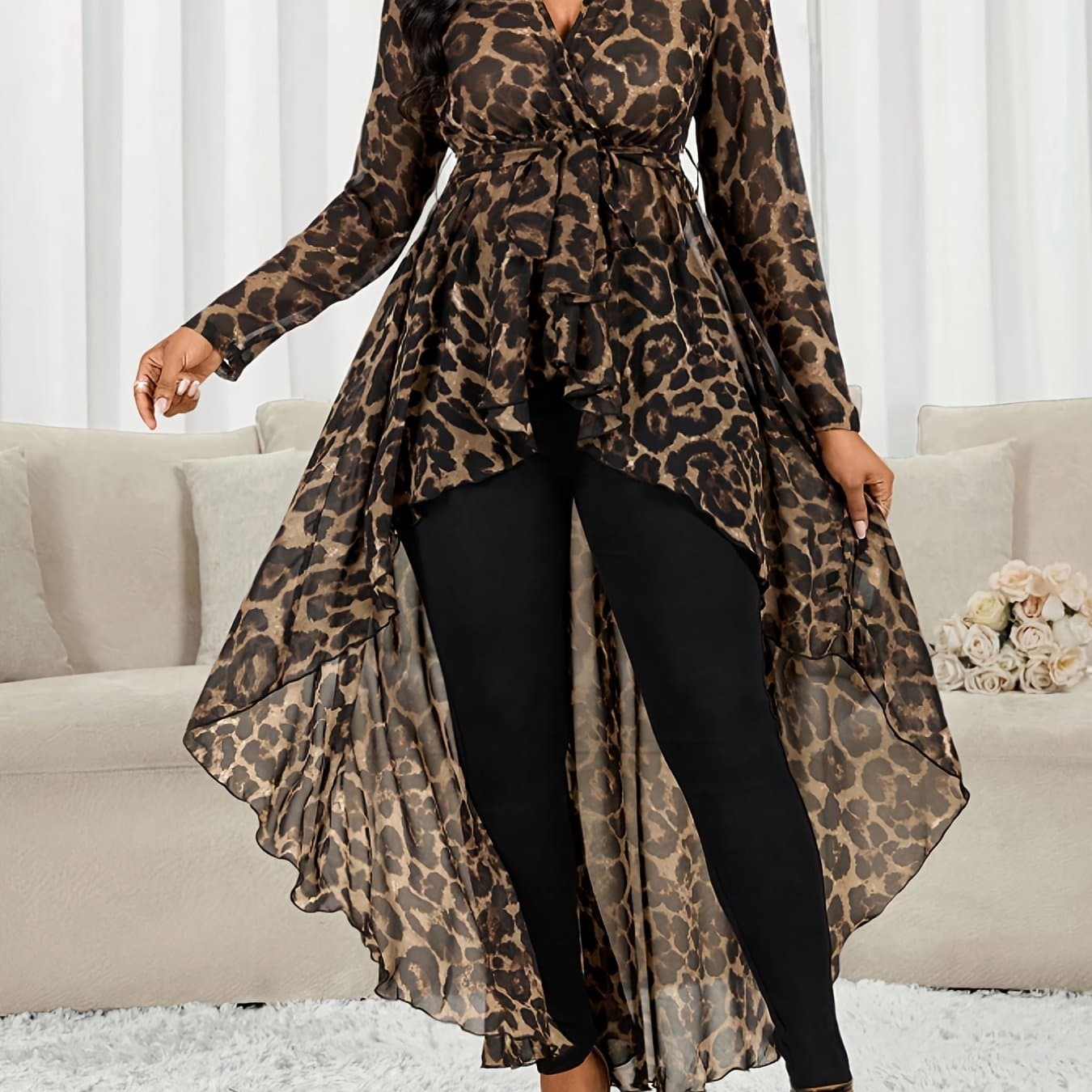 TEMU Plus Size, Plus Size Leopard Print V-neck Asymmetric Hem Long-sleeve Casual Shirt