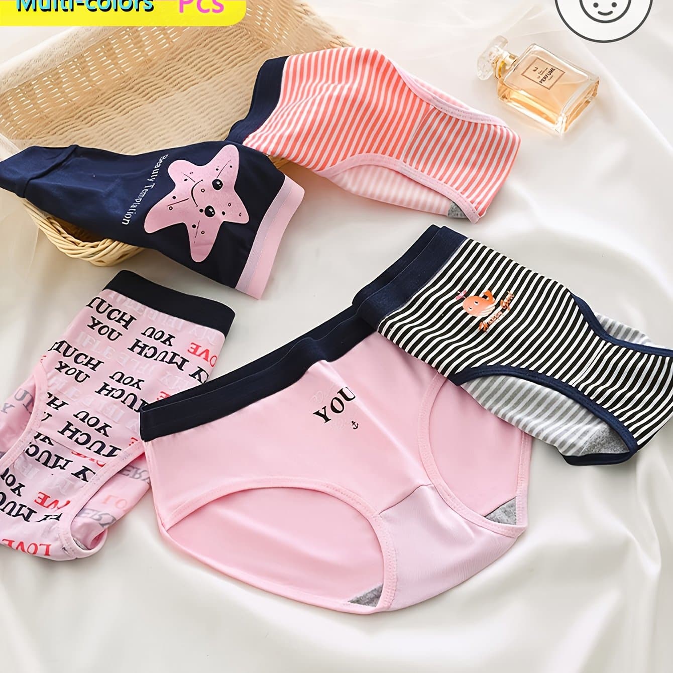 TEMU 7pcs Assorted Color Panties Set, Cute Cartoon Print With "love" Lettering, Breathable And Comfortable, Random Colors Value Pc For Teens And Girls, For Teenager