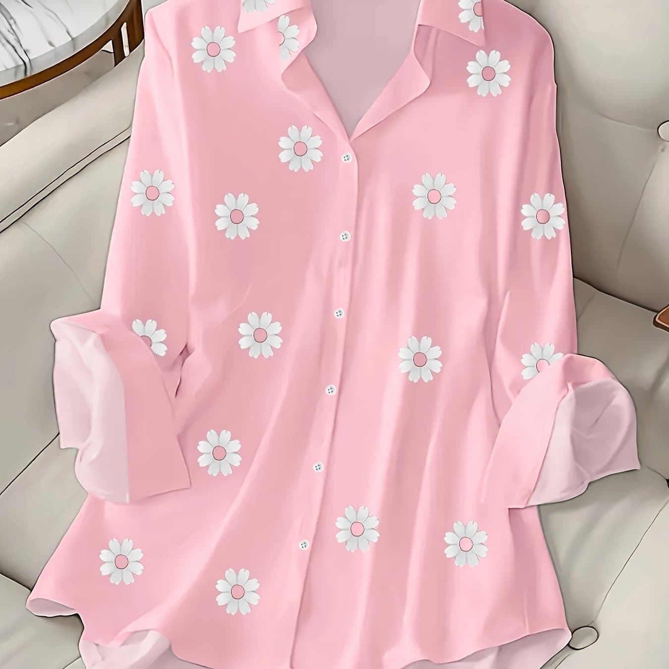 TEMU Women's Casual Easy Floral Print Long Sleeve Lapel Button-up Shirt, Pattern, Lightweight Fabric, Machine Washable Spring Summer And Autumn Everyday Casual Shirt For Women
