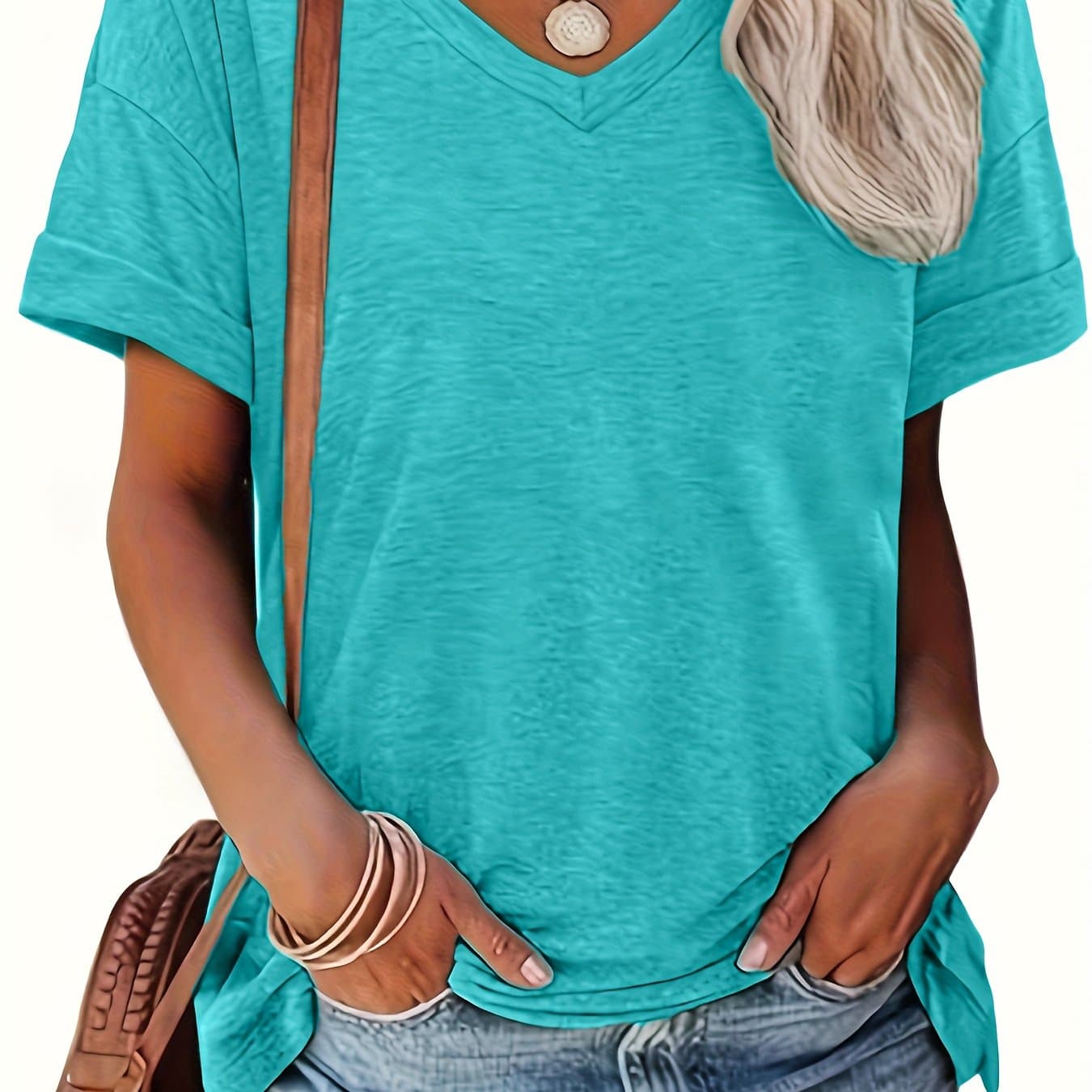 TEMU /summer Solid Color V-neck Short Sleeve Casual Loose Tee, Machine Washable - Suitable For Daily Wear And Lounging /summer