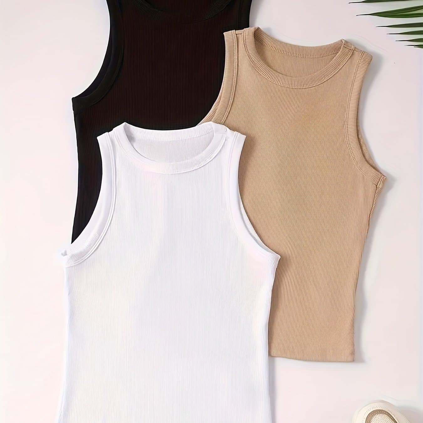 TEMU 3-pack New Women's Fashion Summer Round Neck Sleeveless Base Layer Vest, Ribbed Sports Top