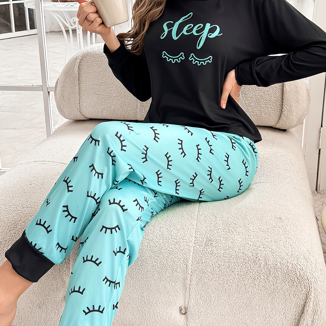 TEMU Autumn Winter Women's Pajamas Cartoon Cute Letter Eyelash Band Sleep Print Long Sleeve Long Pants Cuffs Pants Legs Casual Set