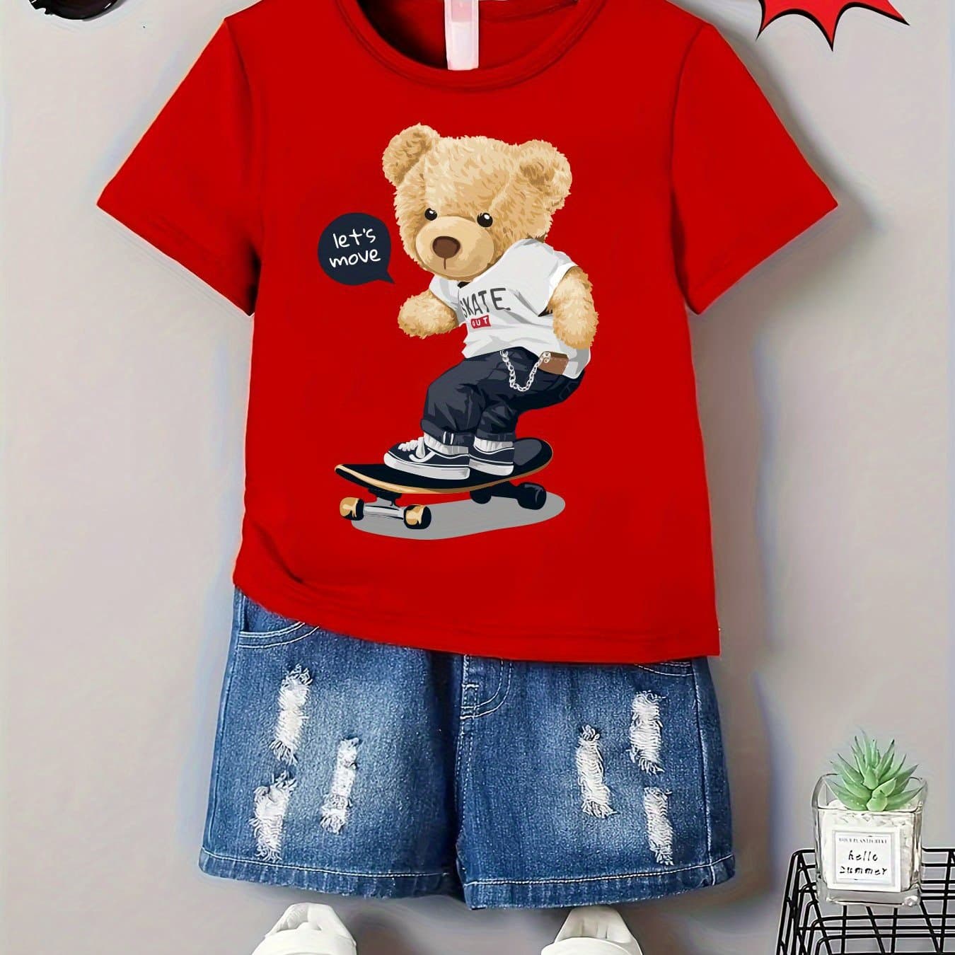 TEMU Gourd Doll Boys' Summer Skateboarding Bear Graphic T-shirt - Vibrant Red Casual Short Sleeve Tee With Cartoon Print, Machine Washable Regular Fit For ' Outdoor Play & Casual Attire