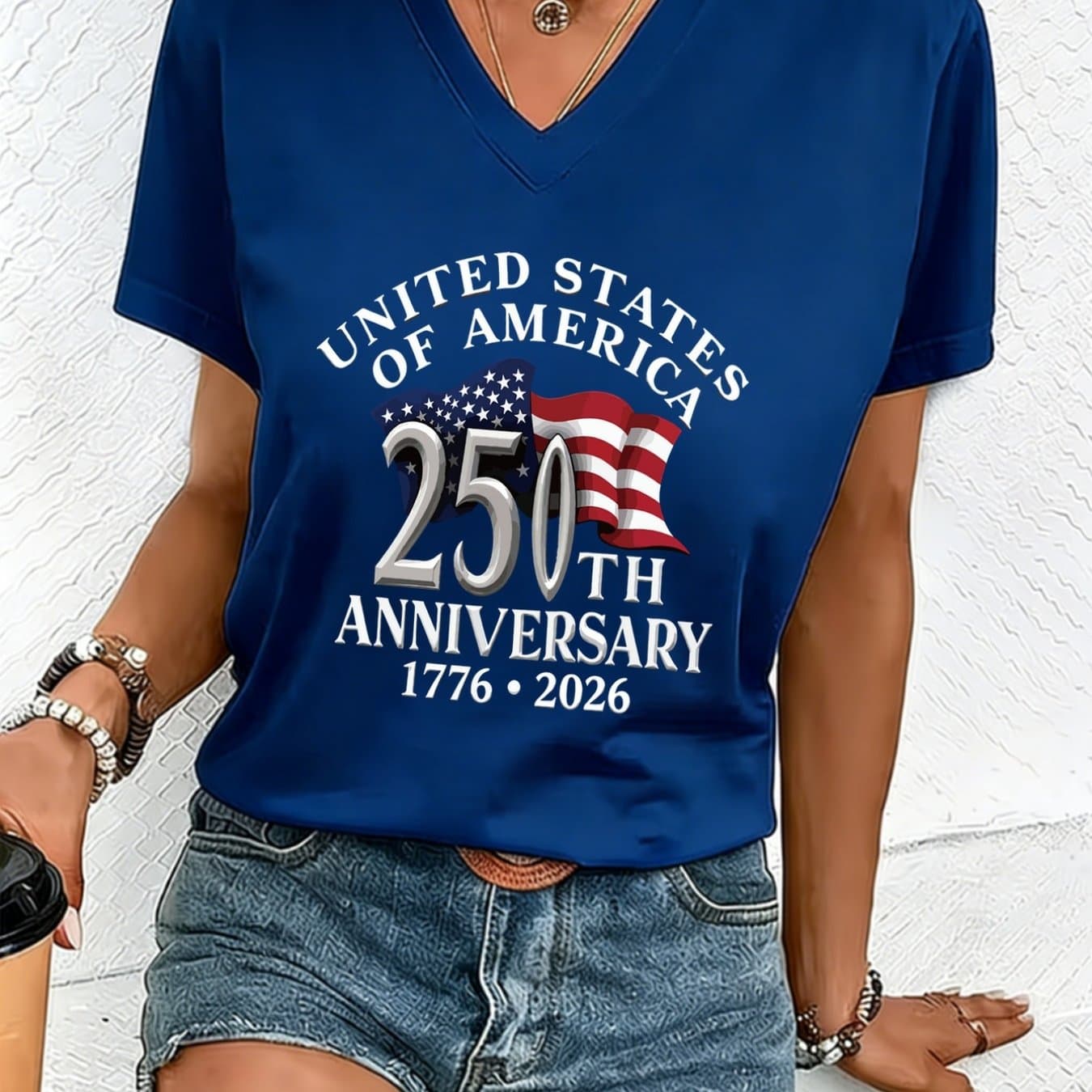 TEMU Women's Elegant Short-sleeved T-shirt | Featuring Flag Print, Soft Stretchy Fabric, Machine Washable, Ideal For Spring/summer Casual Wear