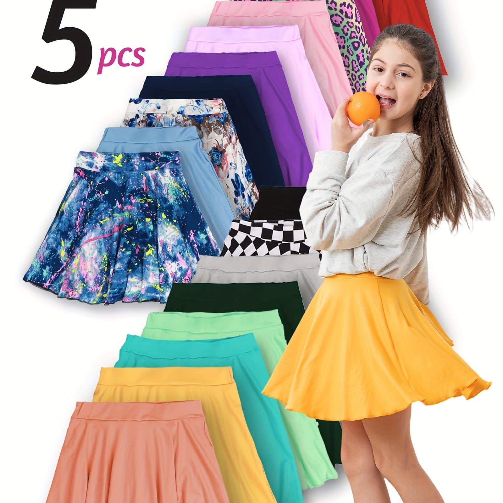 TEMU 5pcs Girls' Stretchy Soft Skort Set - Vibrant & Comfy Polyester/spandex Blend, Elastic Waist Casual Skirts With Large Swing - Spring/summer - Assorted Colors & Patterns