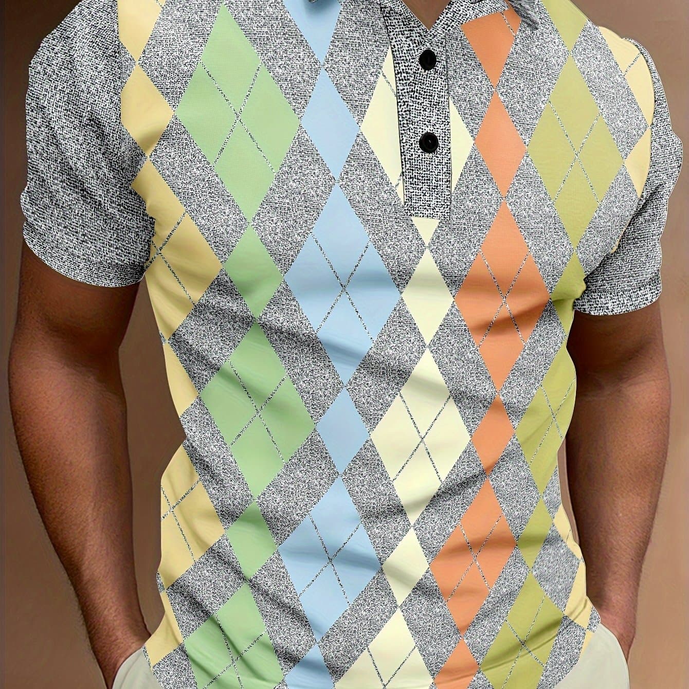 TEMU Summer Fashion Shirt With Colorful Geometric Block Pattern , Men's Collared Short Sleeve Button T-shirt