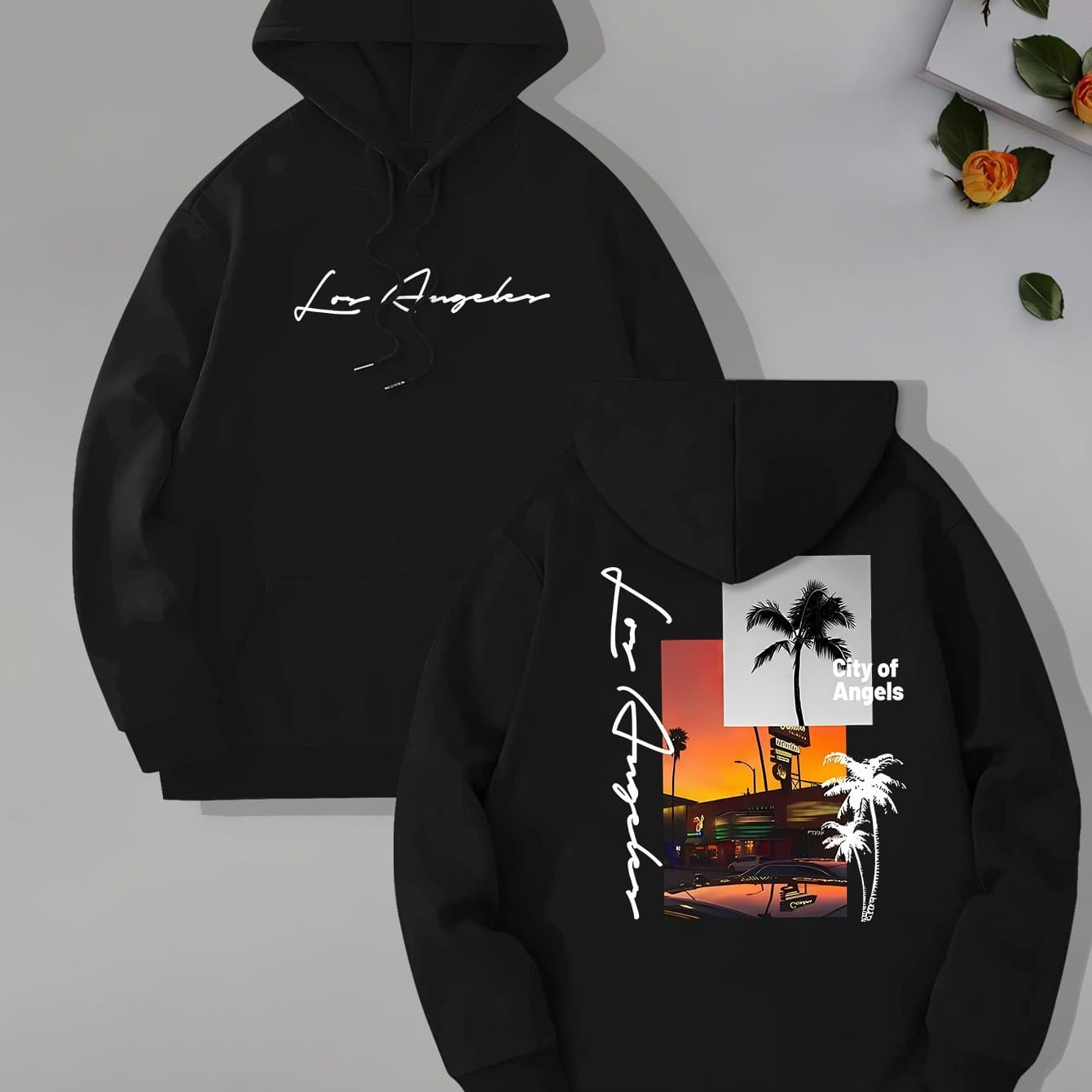 TEMU Beach Los Angeles Print Men's Pullover Hoodie, Kangaroo Pocket Long Sleeve Hooded Sweatshirt, Loose Casual Tops, Men's Clothes For Fall Winter