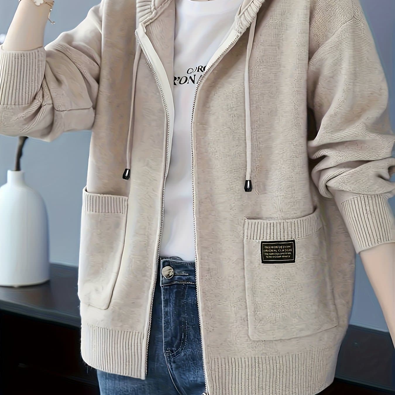 TEMU Women's Burgundy -zip Hooded Jacket - Elegant Winter Coat With Full-zip Front Closure, Hooded Collar & White , Long Sleeve Blazer For Casual & Formal Wear, Hand Wash/ (no Belt)