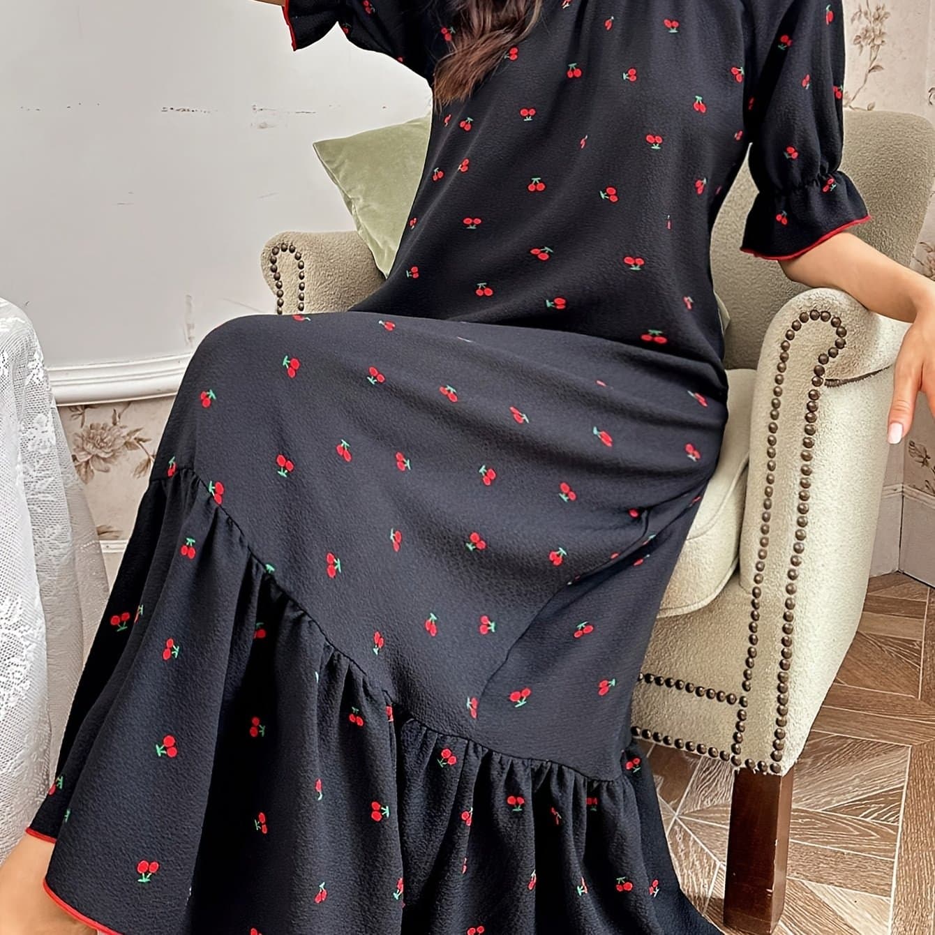 TEMU Syz Development 2409 Women's Cherry Print Bow Elegant Nightgown
