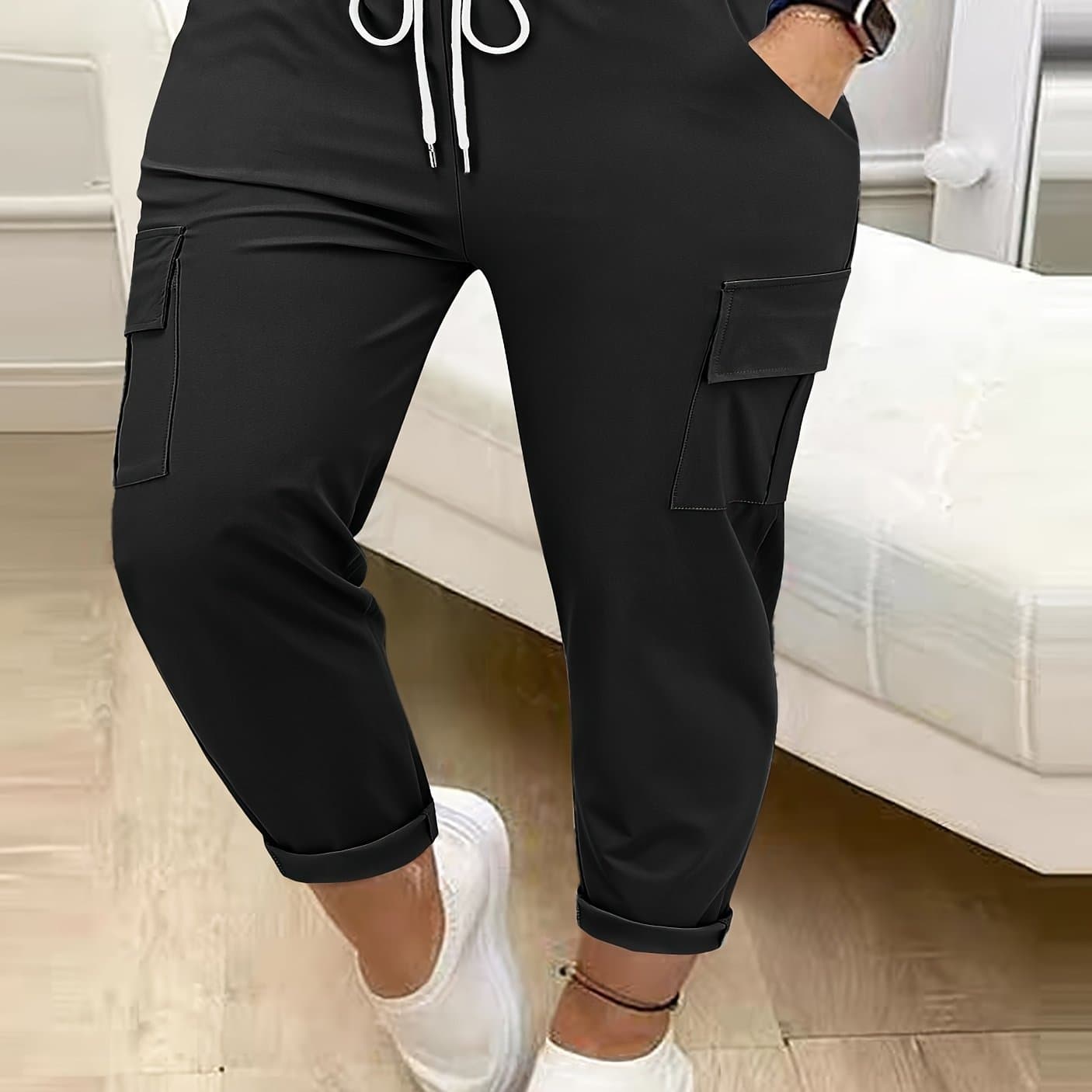TEMU Plus Size - Fashionable Solid Color Plus-size Women's Long Pants With Multiple Pockets