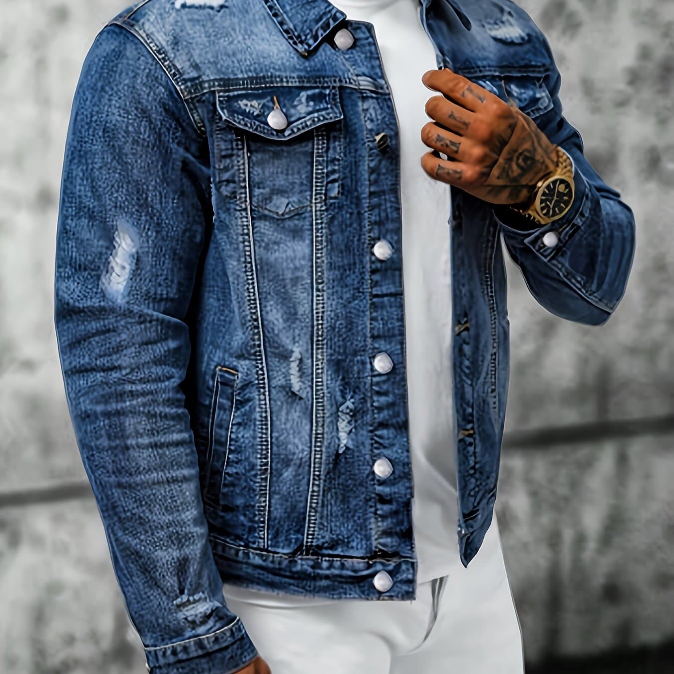 TEMU Men's Vintage Distressed Denim Jacket - Collar Four-pocket Button-front Flight Bomber Suitable For Autumn, Casual Streetwear Outerwear (machine Washable)