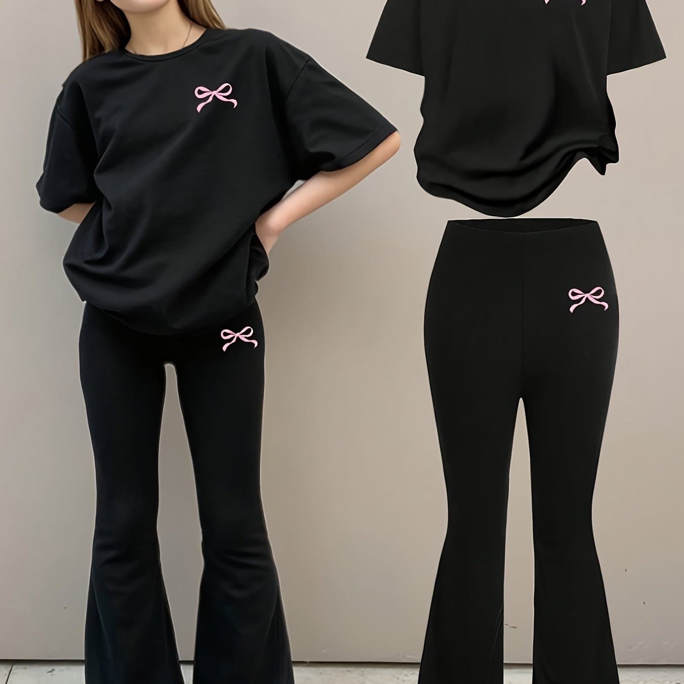 TEMU European And Girls' Bow Printed Short Sleeve Top+fashion Horn Tight Bow Printed Pants Set 2pcs Suitable For Children's Outdoor Activities, Perfect For Outdoor