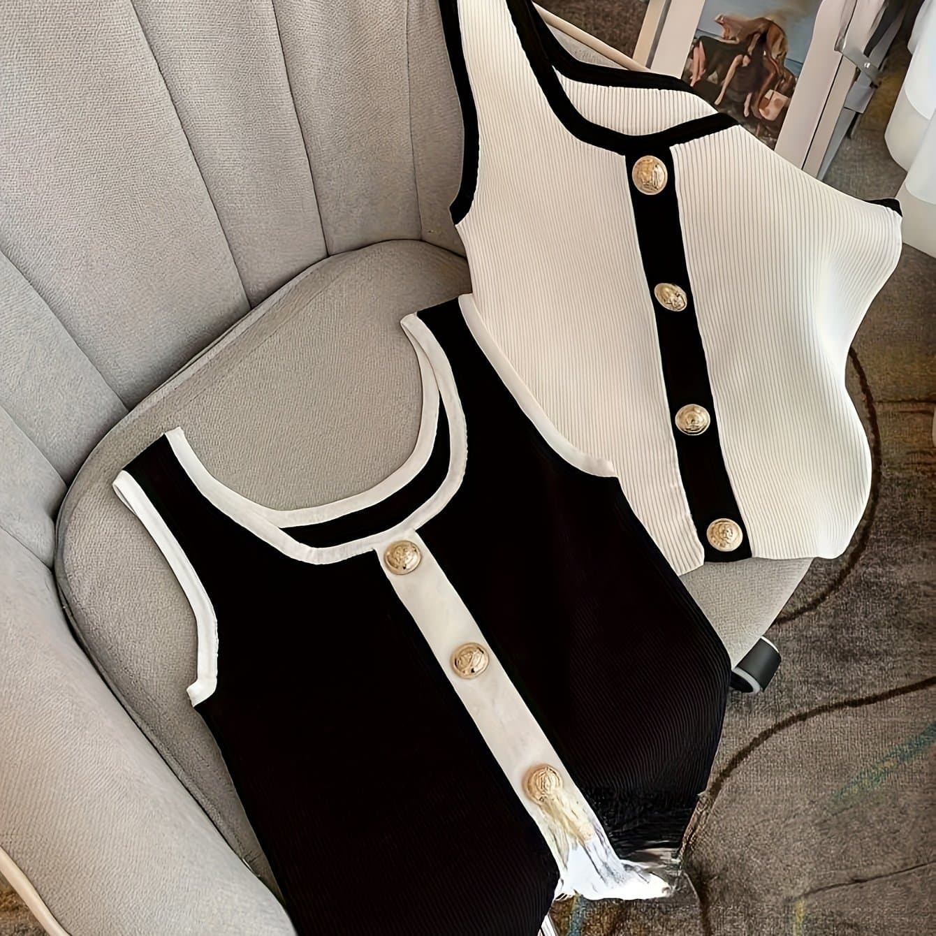 TEMU 2pcs Spring/summer Classic Fashion Black And White Contrast Color Metal Sleeveless Camisole Tank Top