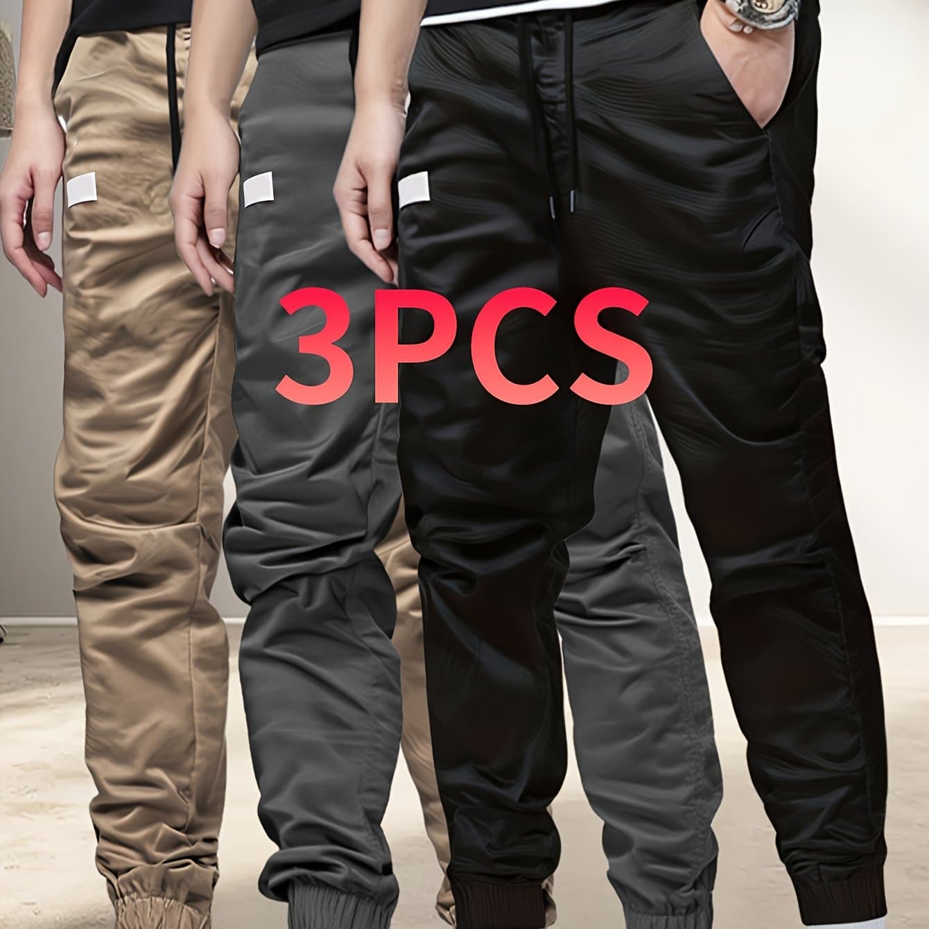 TEMU 3pcs Men's Spring And Autumn Regular Pants And Sweatpants Casual Sports And Outdoor Pocket Elasticated Waist Drawstring Trousers