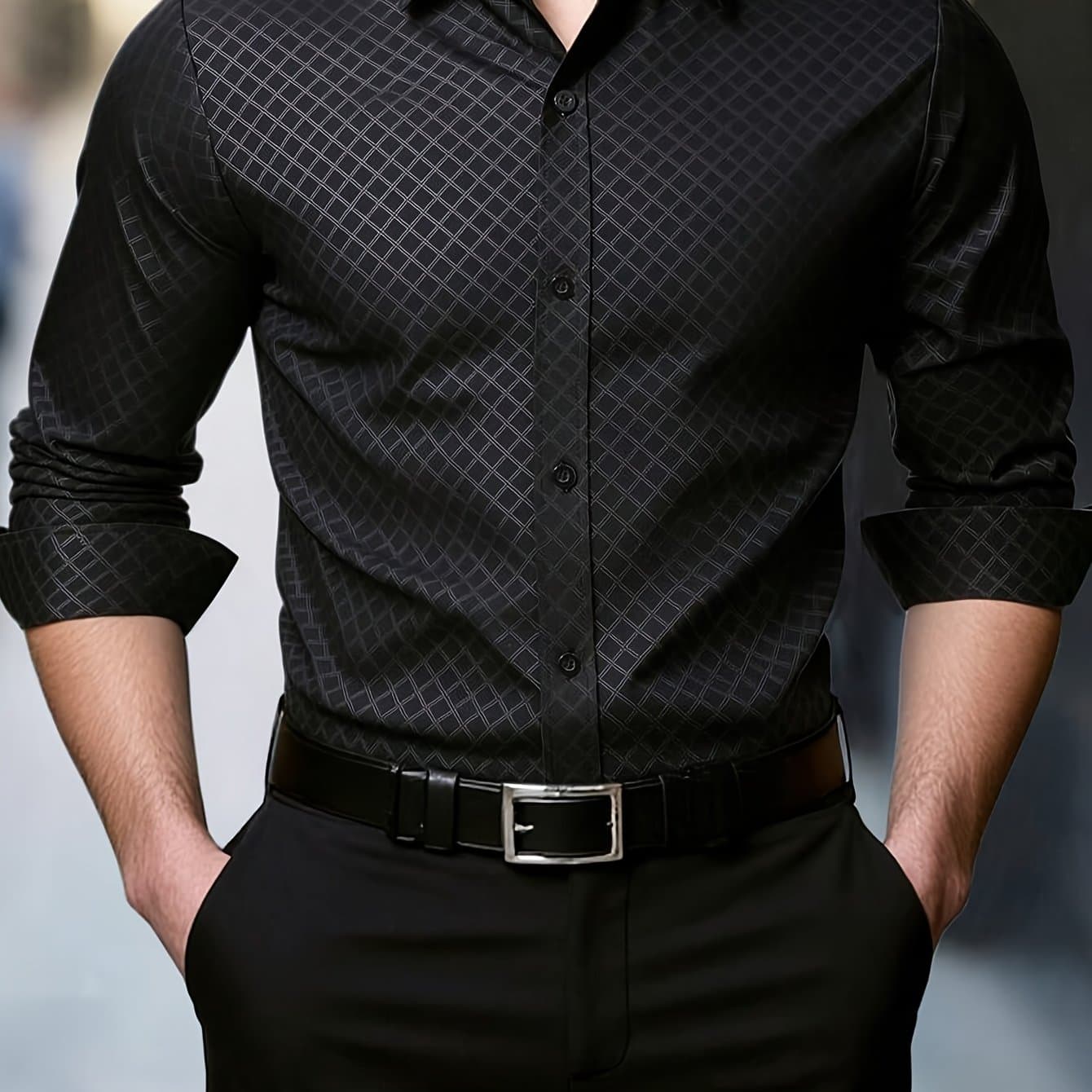 TEMU European Size 1831 Access Control Hanging Face 363 Version Hexagonal Check Embossed Diamond Business Fashion Shirt