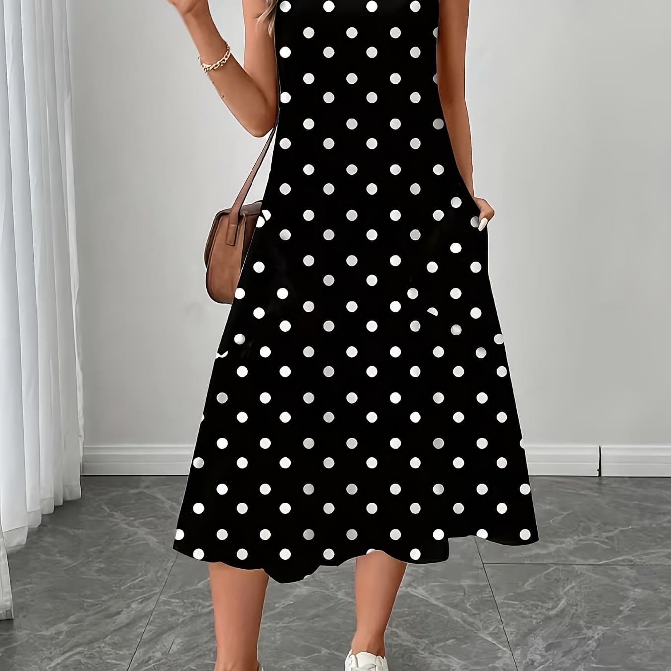 TEMU Targeted Women's Elegant Mid-length Polka Dot Print Sleeveless Round Neck Dress, Beach Vacation Skirt