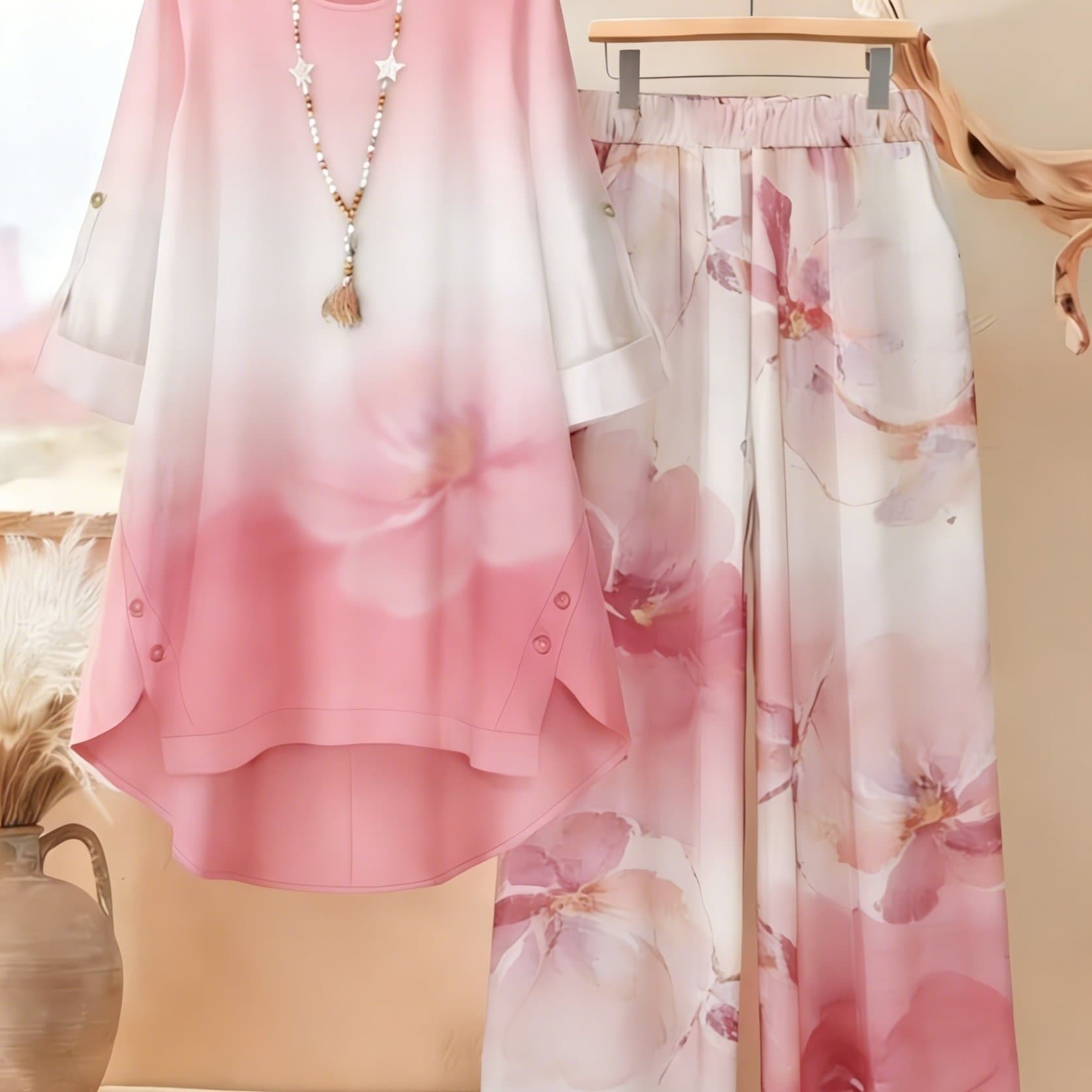 TEMU Plus Size, Plus-size Women's Asymmetrical Top With Printed Wide-leg Pants 2pcs Set, Everyday , Bohemian Style Floral Gradient Print, New And Fashionable.
