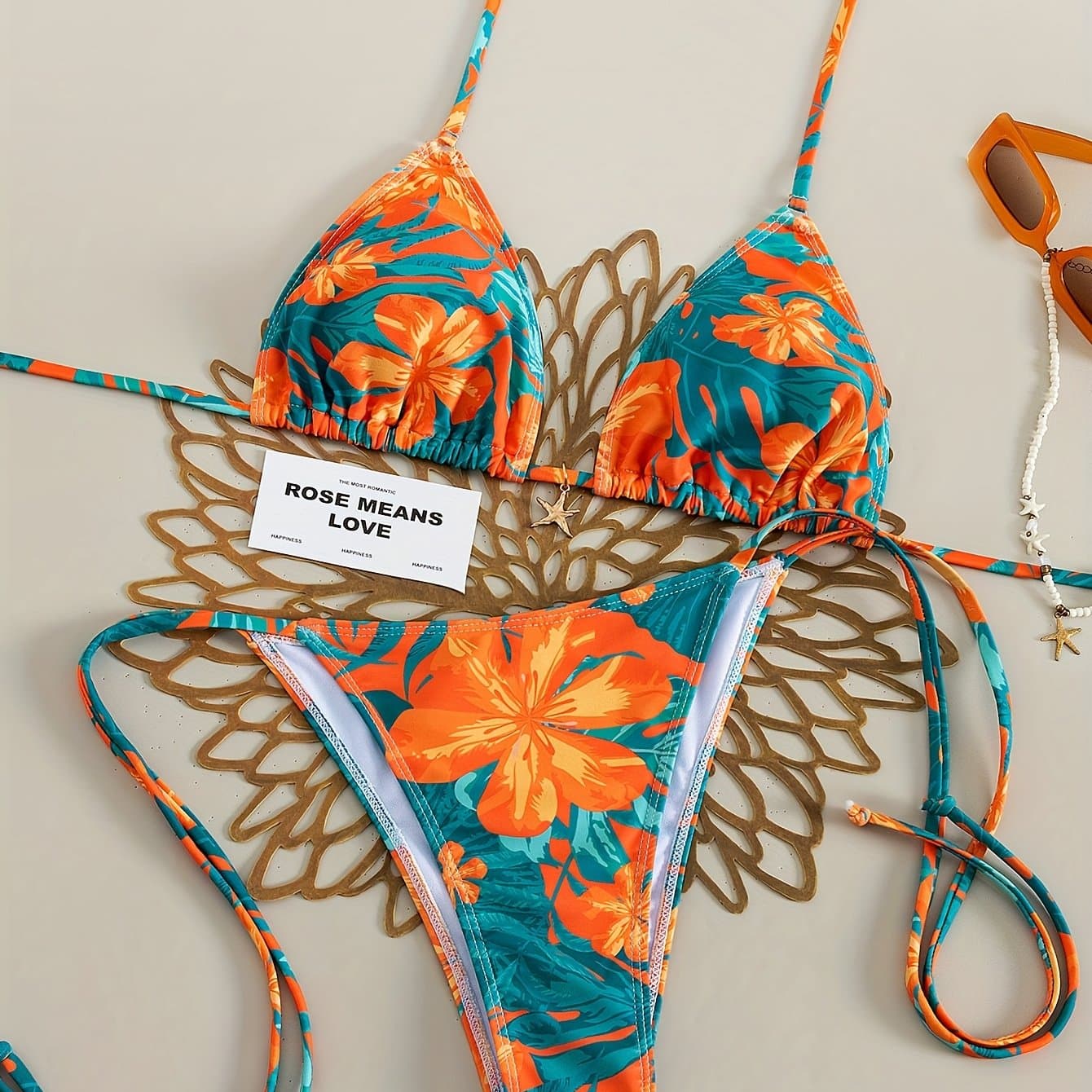 TEMU Two-piece Tropical Print Full-body Cute Elegant Sexy Bohemian Star Metal Pendant Beach Vacation Pool Party Fashion Summer Women's Bikini