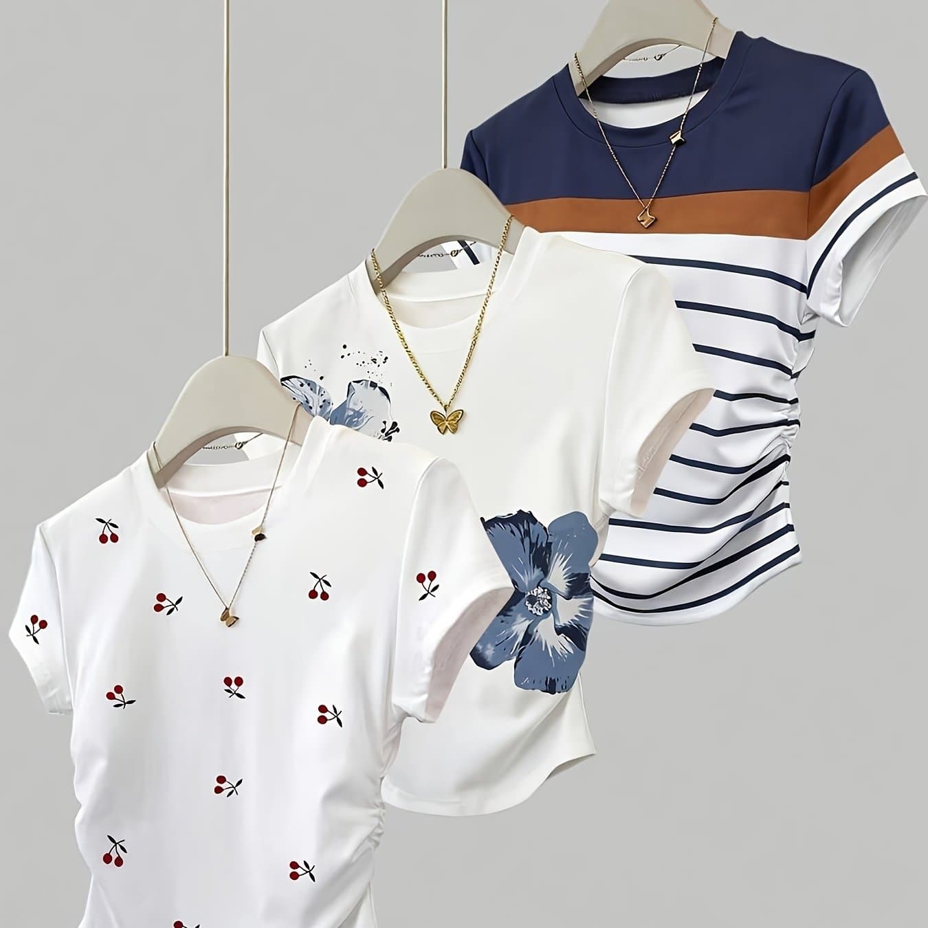 TEMU 3pcs Mixed Women's Summer Casual Printed Cute Pleated Short Slim Short-sleeved Round-neck T-shirt, Printed T-shirt, Fashionable Versatile Daily Wear