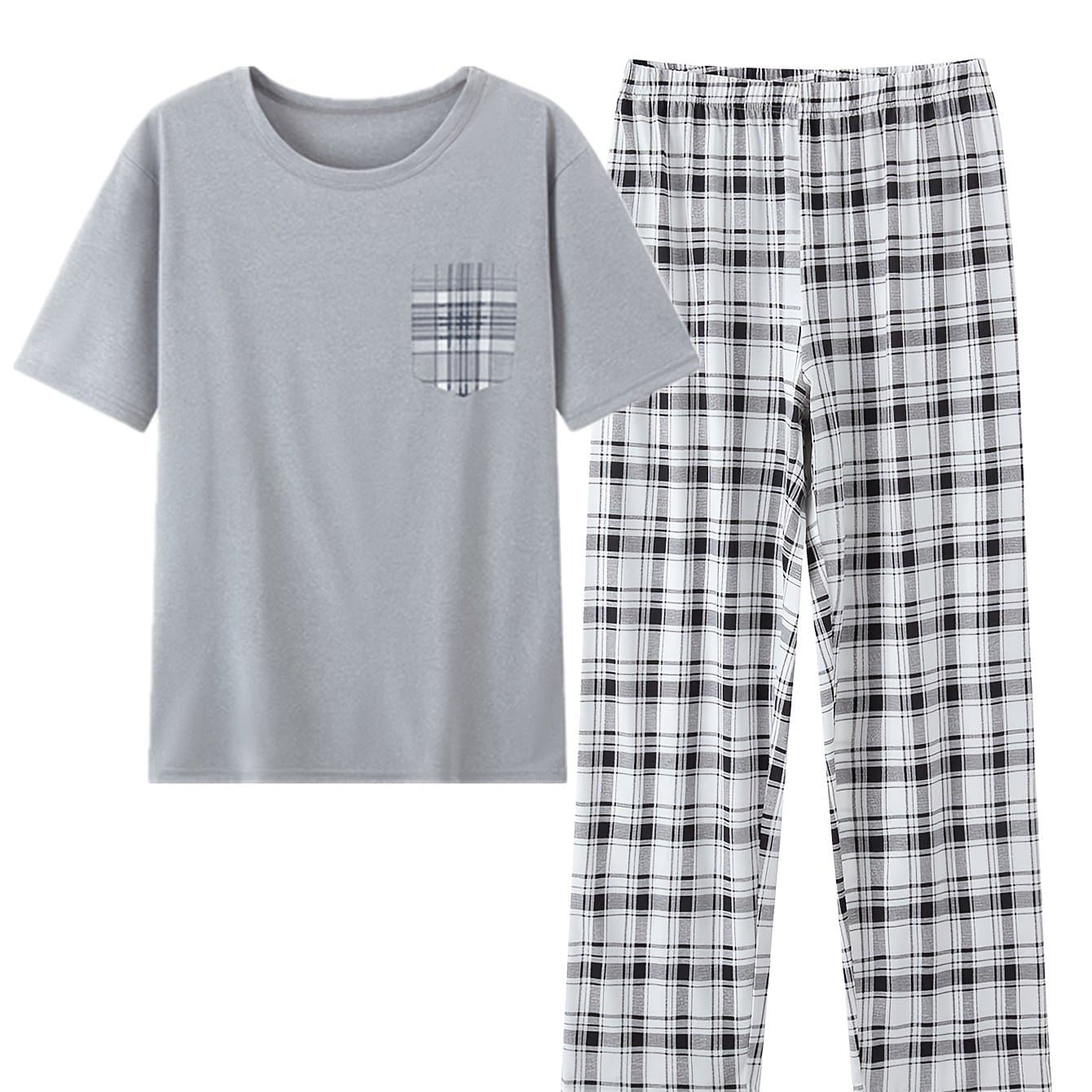 TEMU 2pcss Set Men's Short Sleeve Long Pants 2pcss Set Men's Set Gray White Set Checkered Print