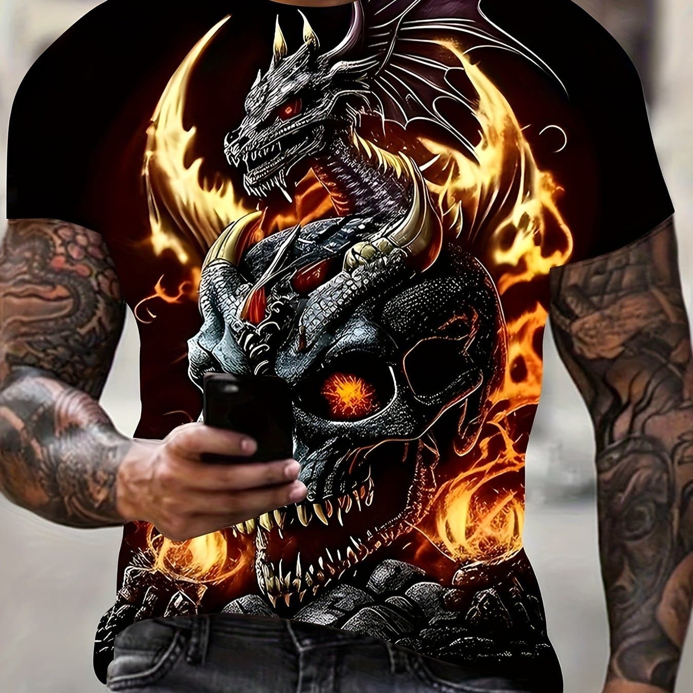 TEMU Men's 3d Dragon Print T-shirt - Loose Fit Short Sleeve Crew Neck Top With Dragon Pattern, Summer Casual Wear Suitable For - & Everyday Outfits - Machine Washable Breathable Tee