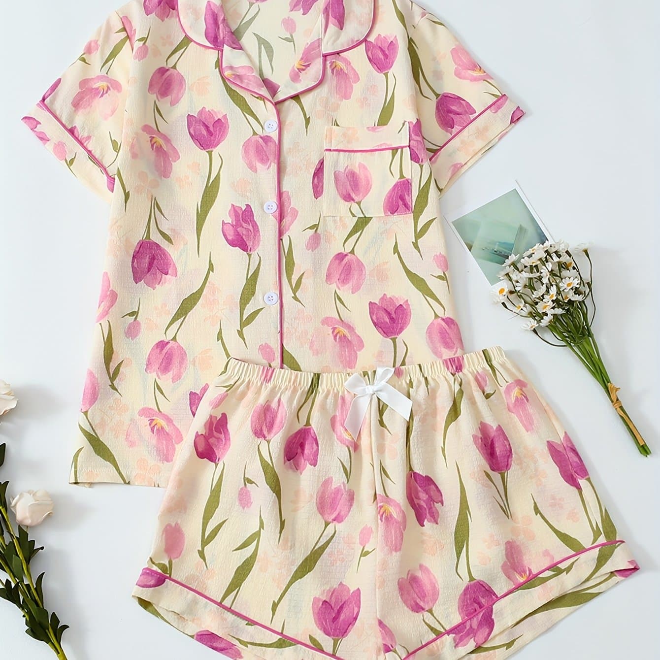 TEMU Women's Pajama Set With Short Sleeves And Shorts Featuring A Tulip Print And Bubble Design
