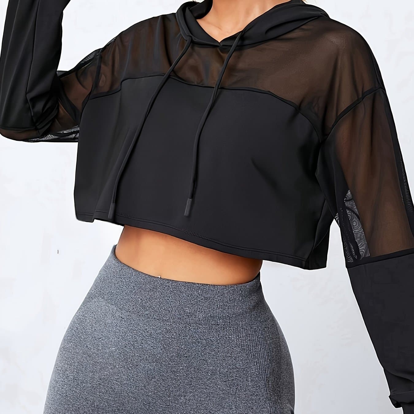 TEMU Casual Hooded T-shirt With Batwing Sleeves And Fishnet Inserts