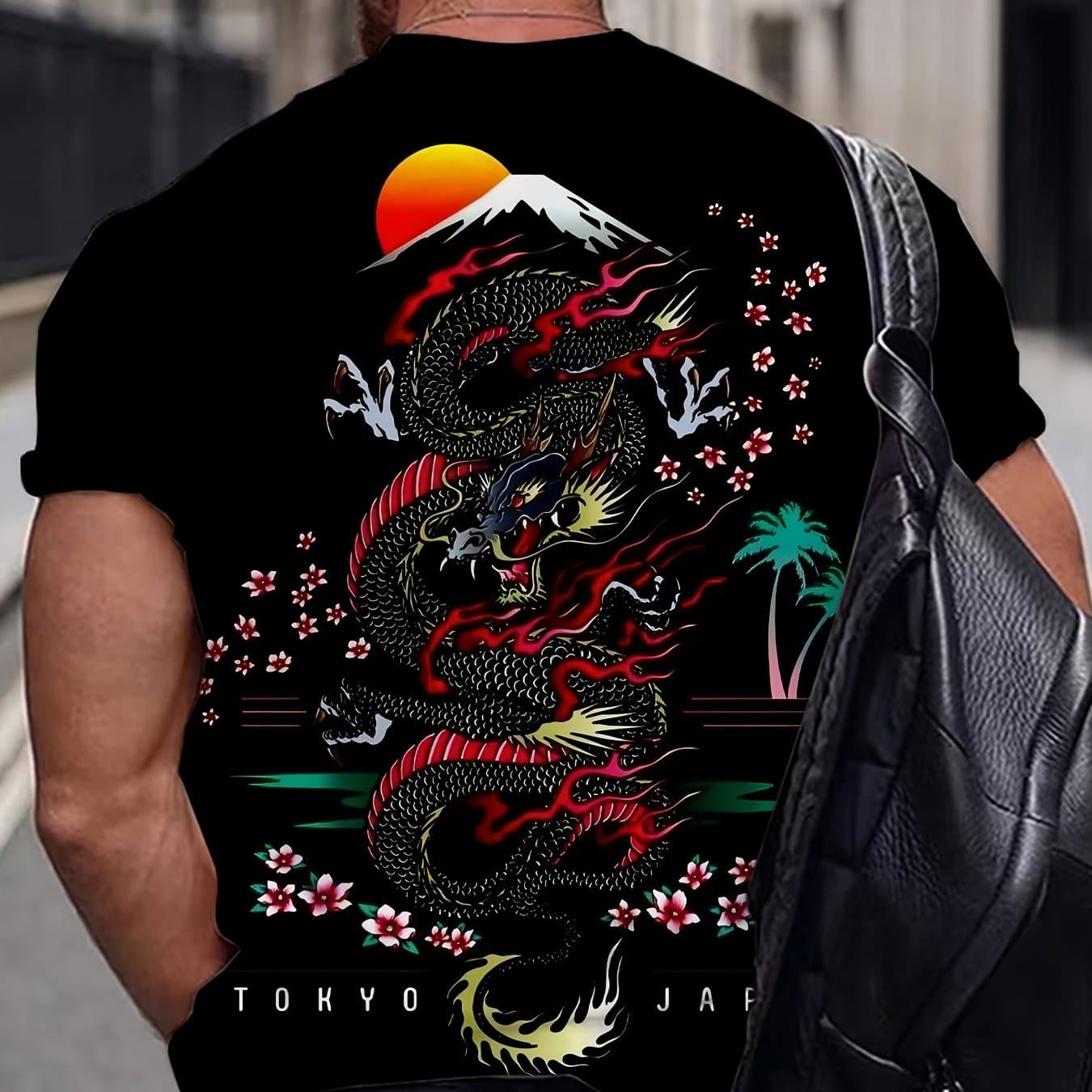 TEMU Men's Dragon Graphic Tee - Comfortable & Stretchy Polyester, Summer Outdoor Activities