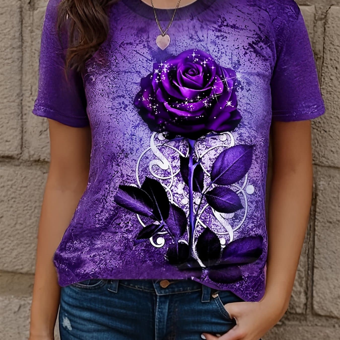 TEMU Mystical Purple T-shirt With - Short Sleeve, Round Neck, Casual Wear, Tshirt | Floral Pattern Top | Detailed Print Quality, Purple T Shirts