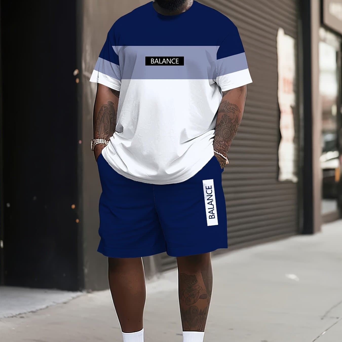 TEMU Large Size Men'-piece Suit With Color Block Pattern, 3d Printed Clothing Set, Men's Short Sleeve T-shirt And Fashion Shorts Set, Large Size